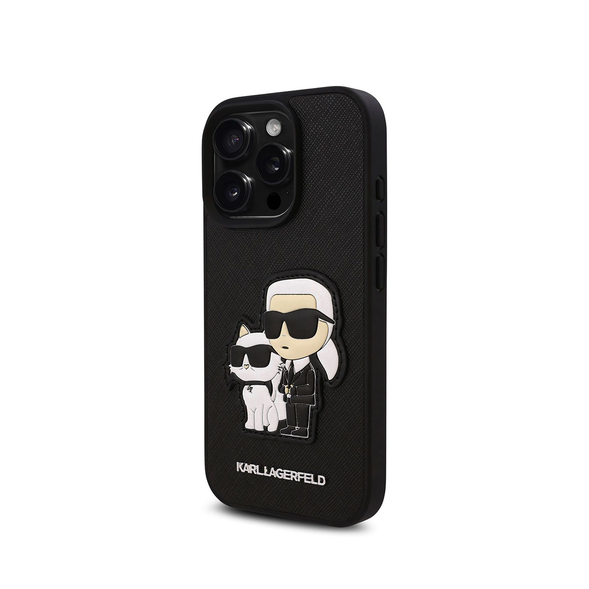 Custodia nera per telefono con Karl Lagerfeld e un gatto.