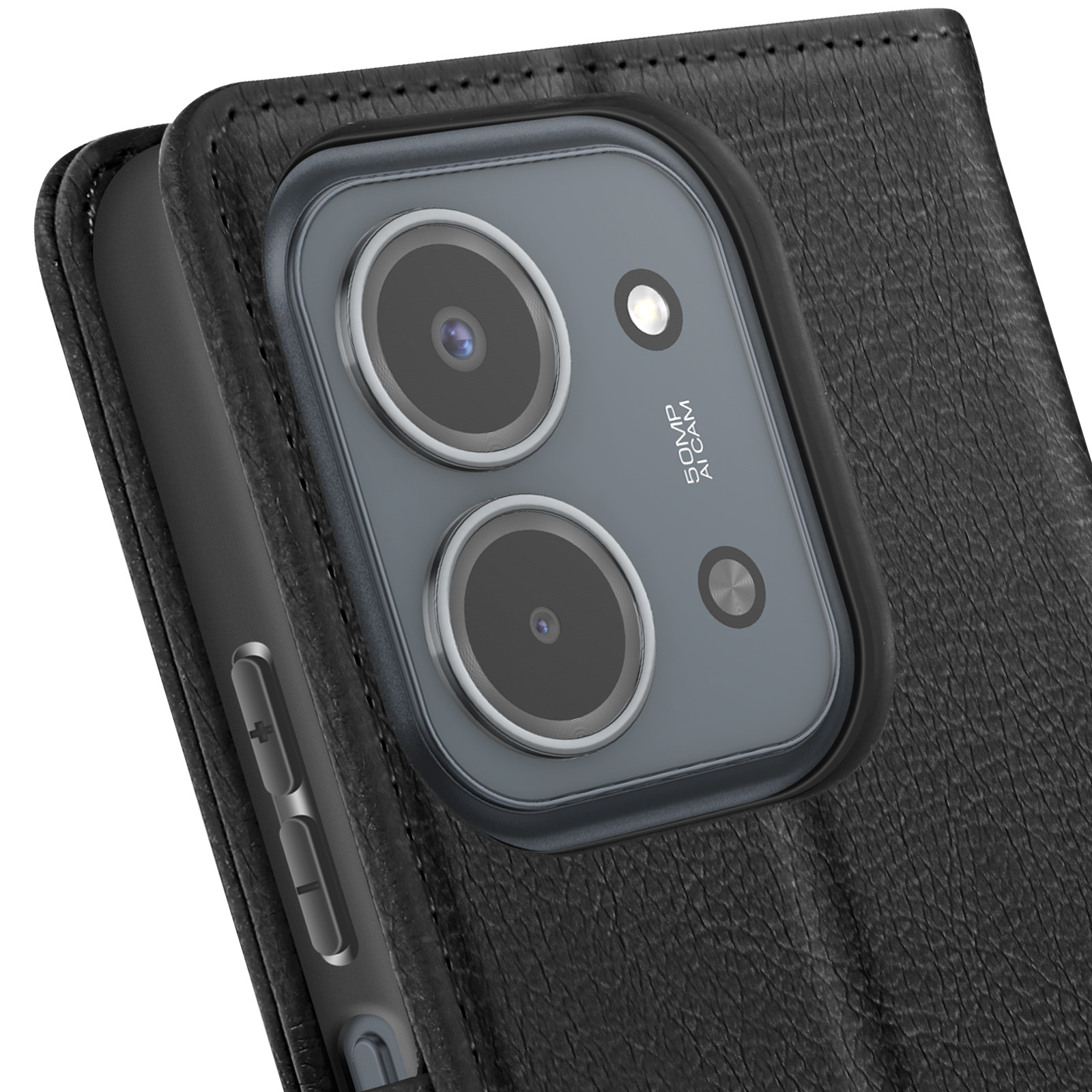 Étui de téléphone en cuir noir montrant le module caméra et les boutons latéraux.
