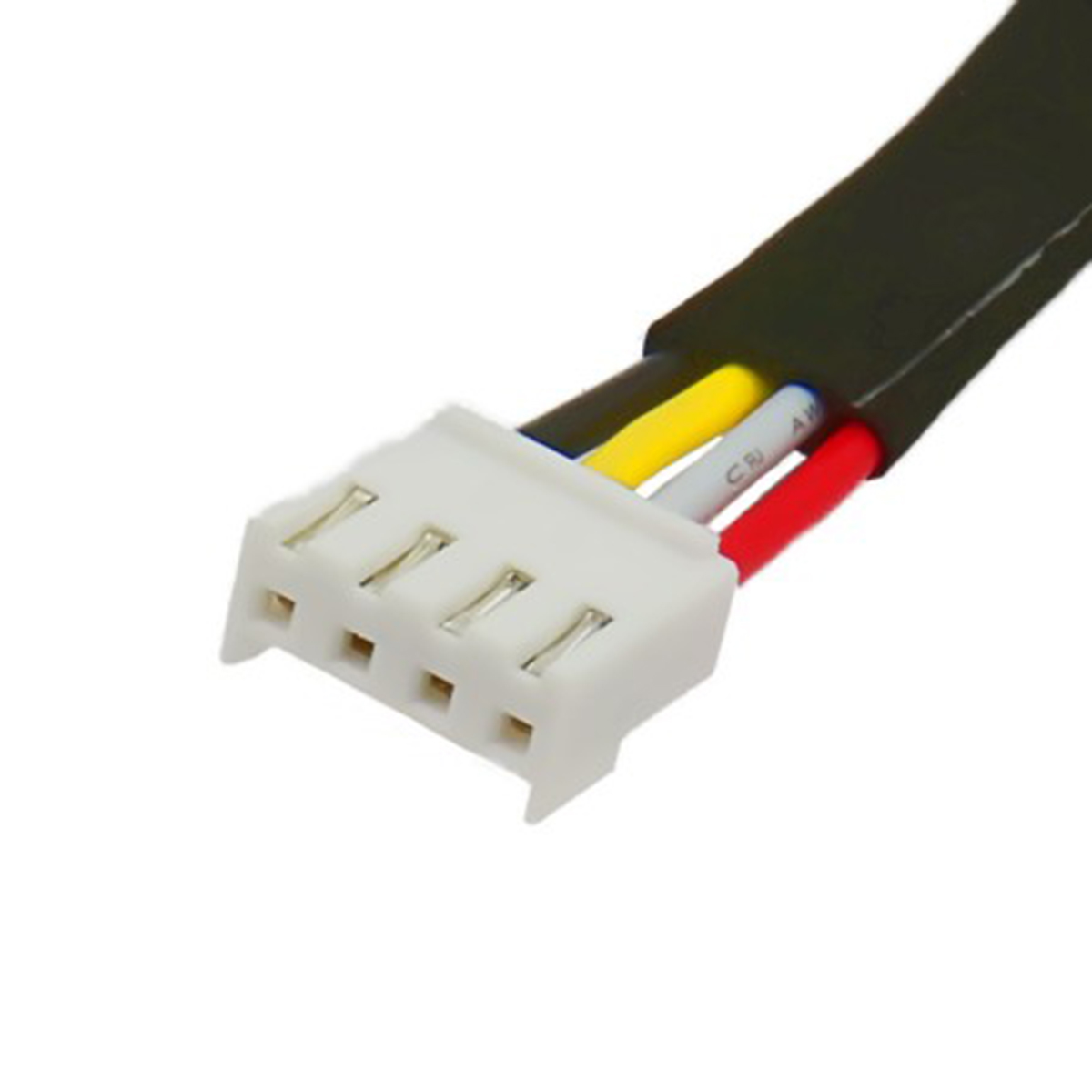 Ein weißer 4-Pin-Stecker mit schwarzen, gelben, grauen und roten Drähten.