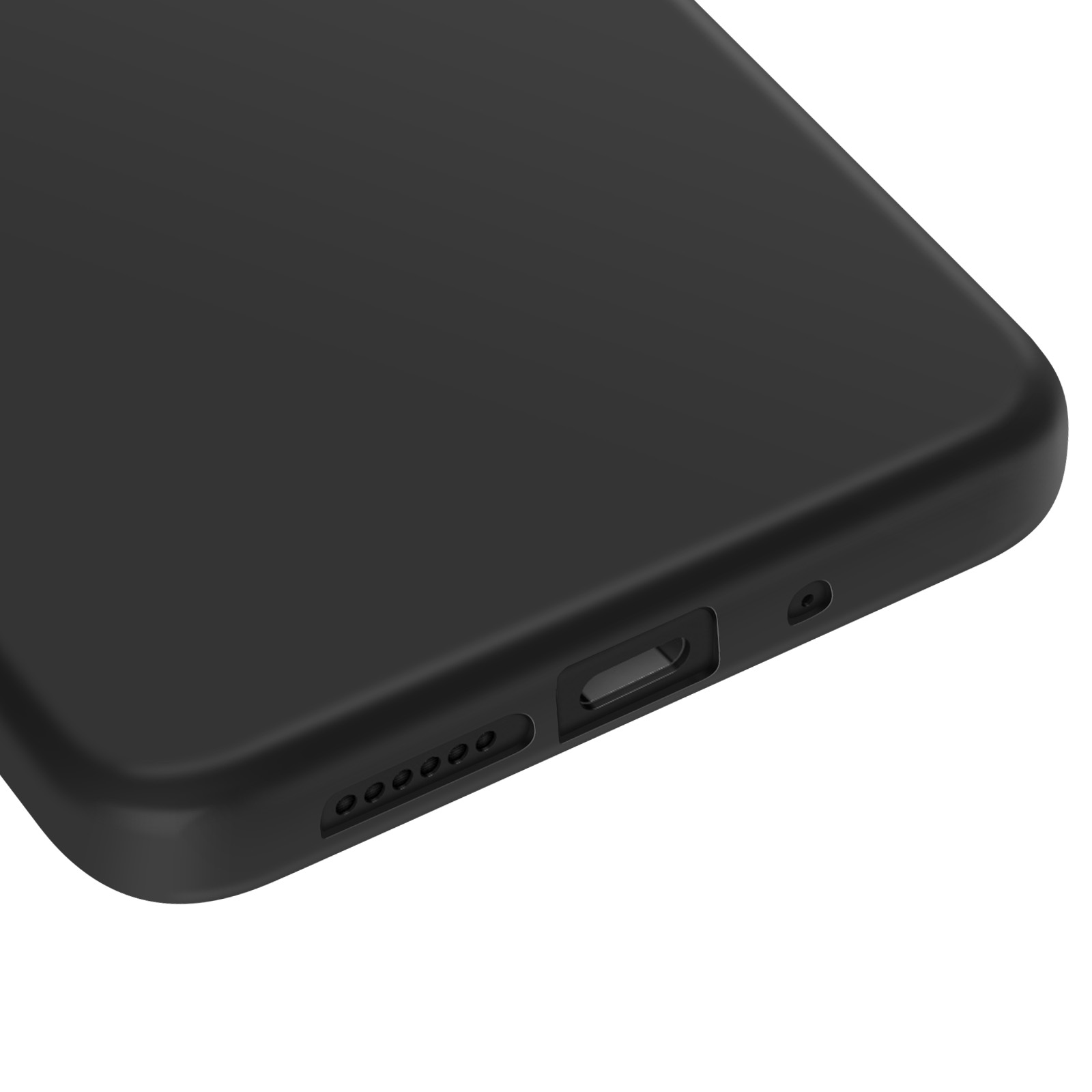 Close-up van een zwart smartphonehoesje met oplaadpoort en luidsprekergaten.