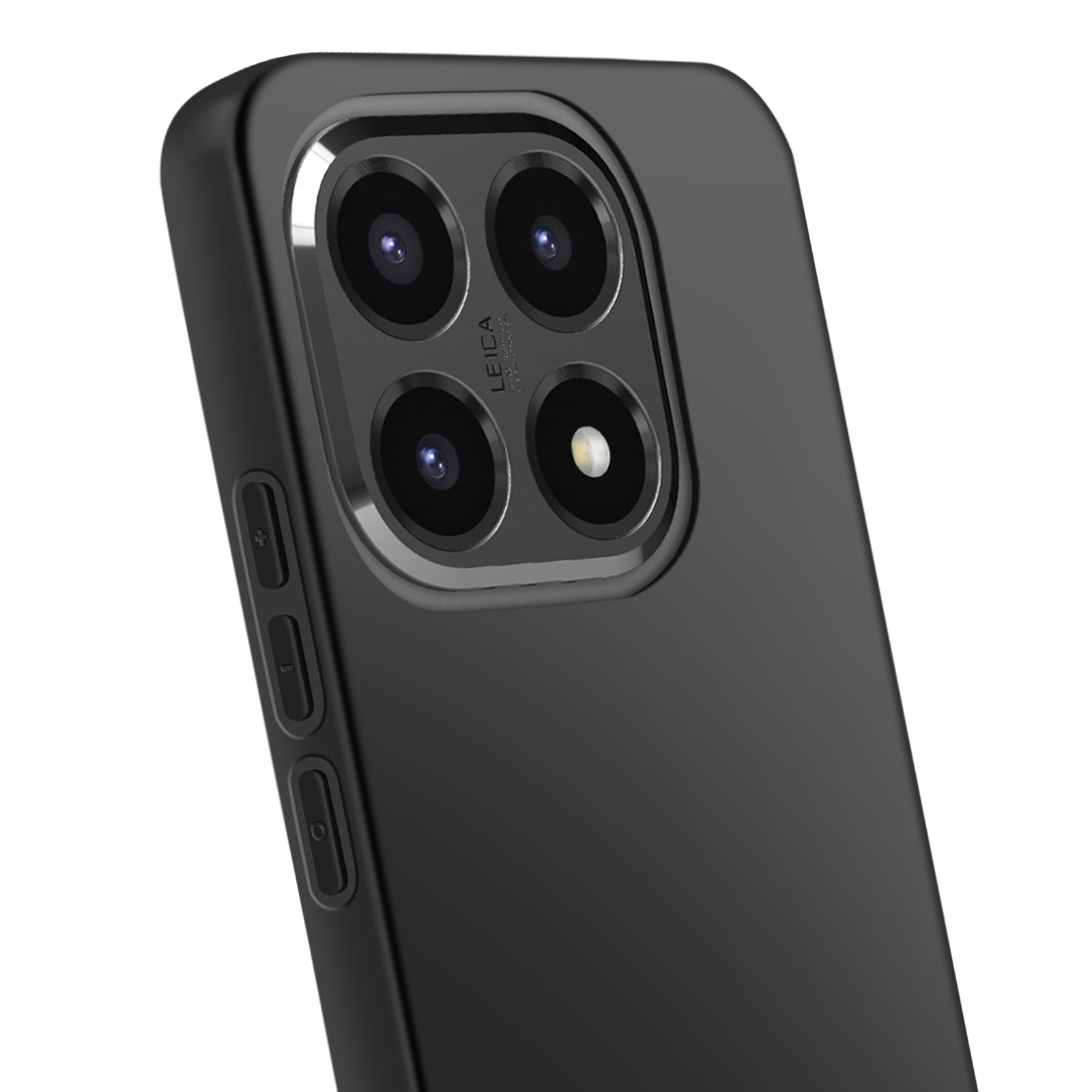 Coque de téléphone noire avec unité quadruple caméra et anneau argenté.