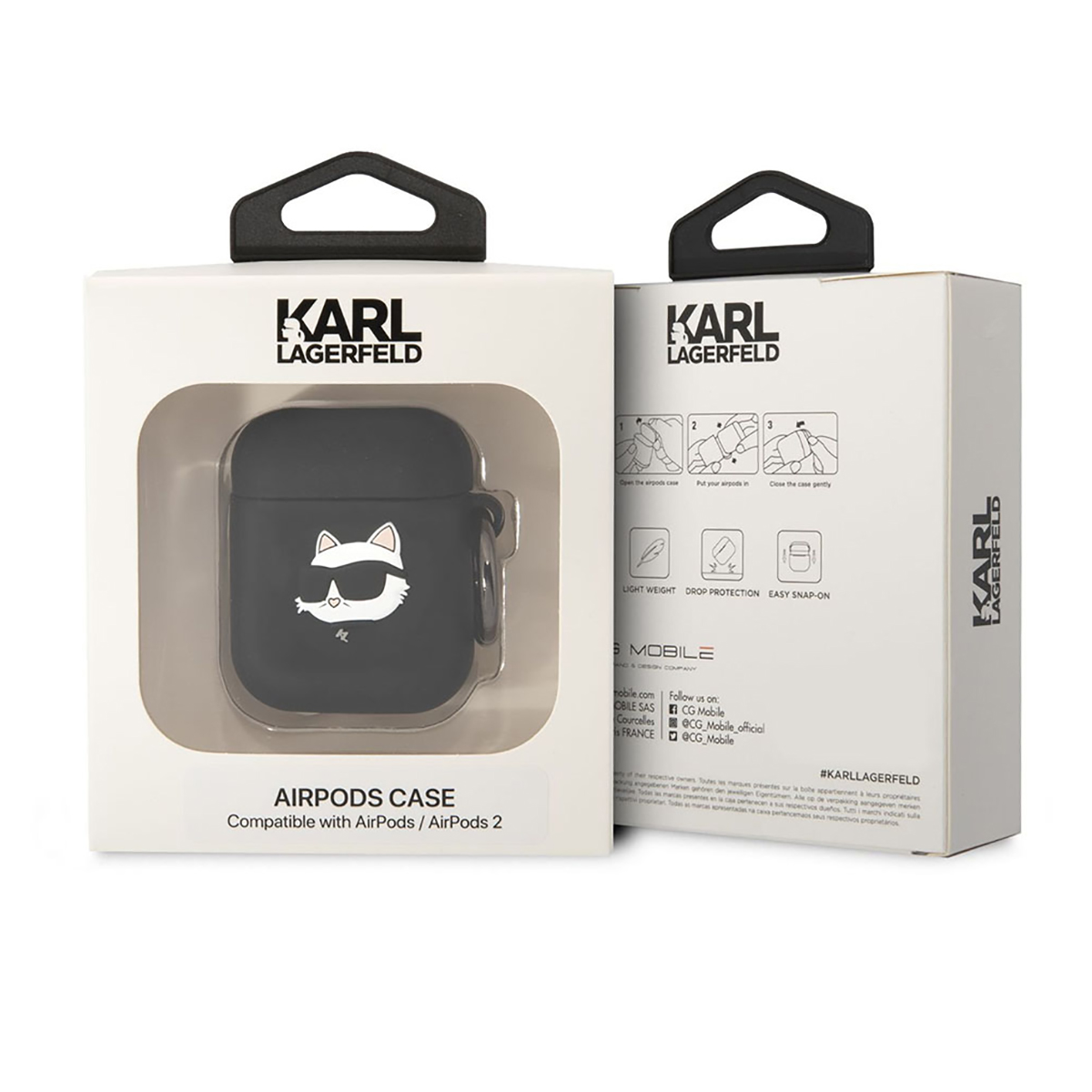 Funda Karl Lagerfeld Airpods con gato, en caja. Ligera y resistente a caídas.