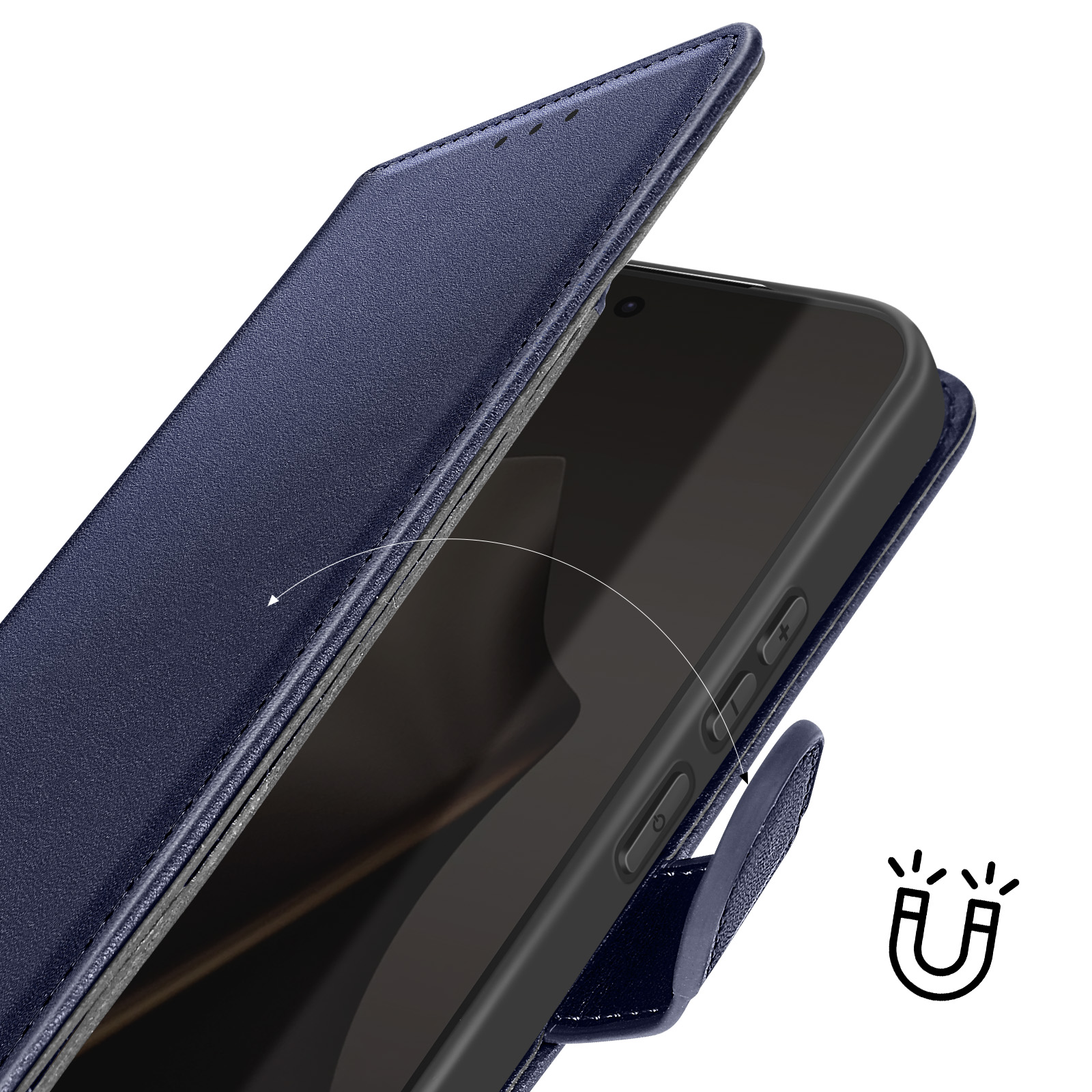 Custodia per telefono blu scuro apribile, con icona magnetica.