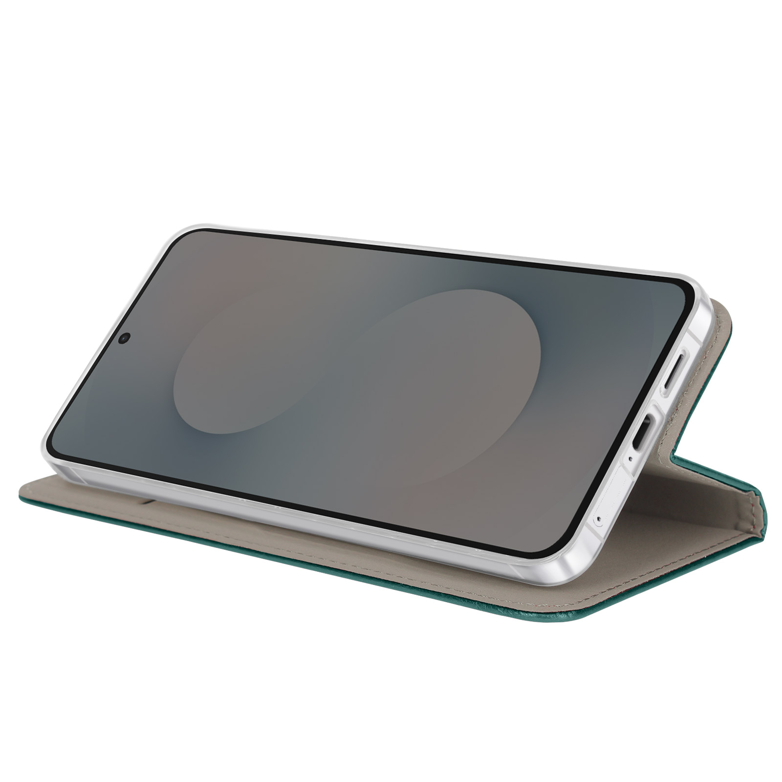 Un smartphone dans un étui vert sur fond blanc.