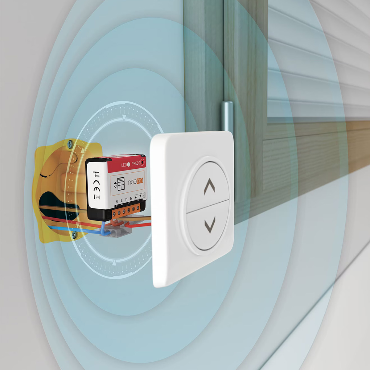 Un interruttore a parete bianco con frecce su-giù accanto a un modulo wireless.