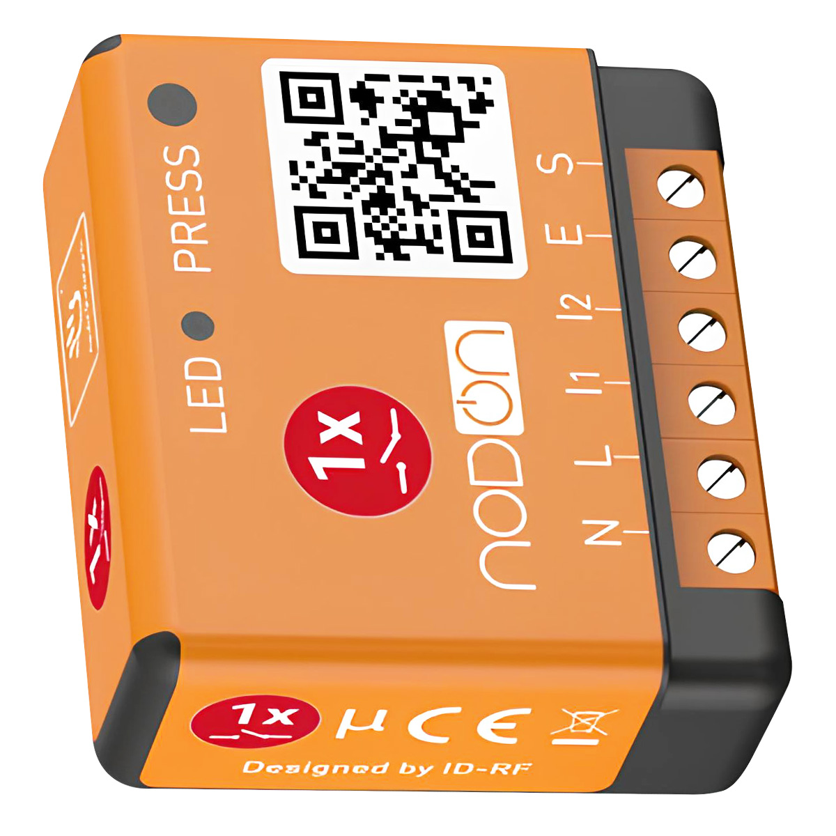 Interruttore smart home arancione con codice QR, terminali ed etichette.