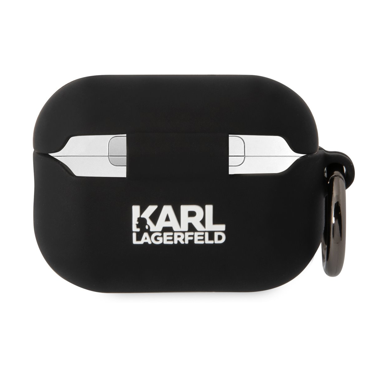 Funda negra para AirPods con logo de Karl Lagerfeld y detalles plateados.