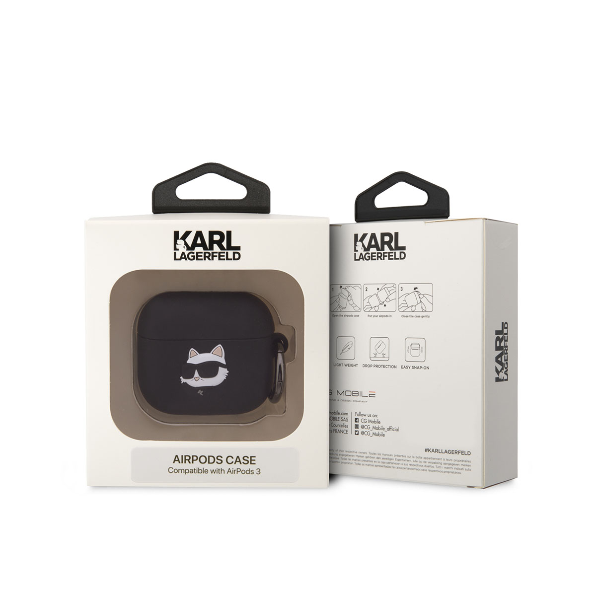 Funda Karl Lagerfeld para AirPods con gato y gafas de sol.