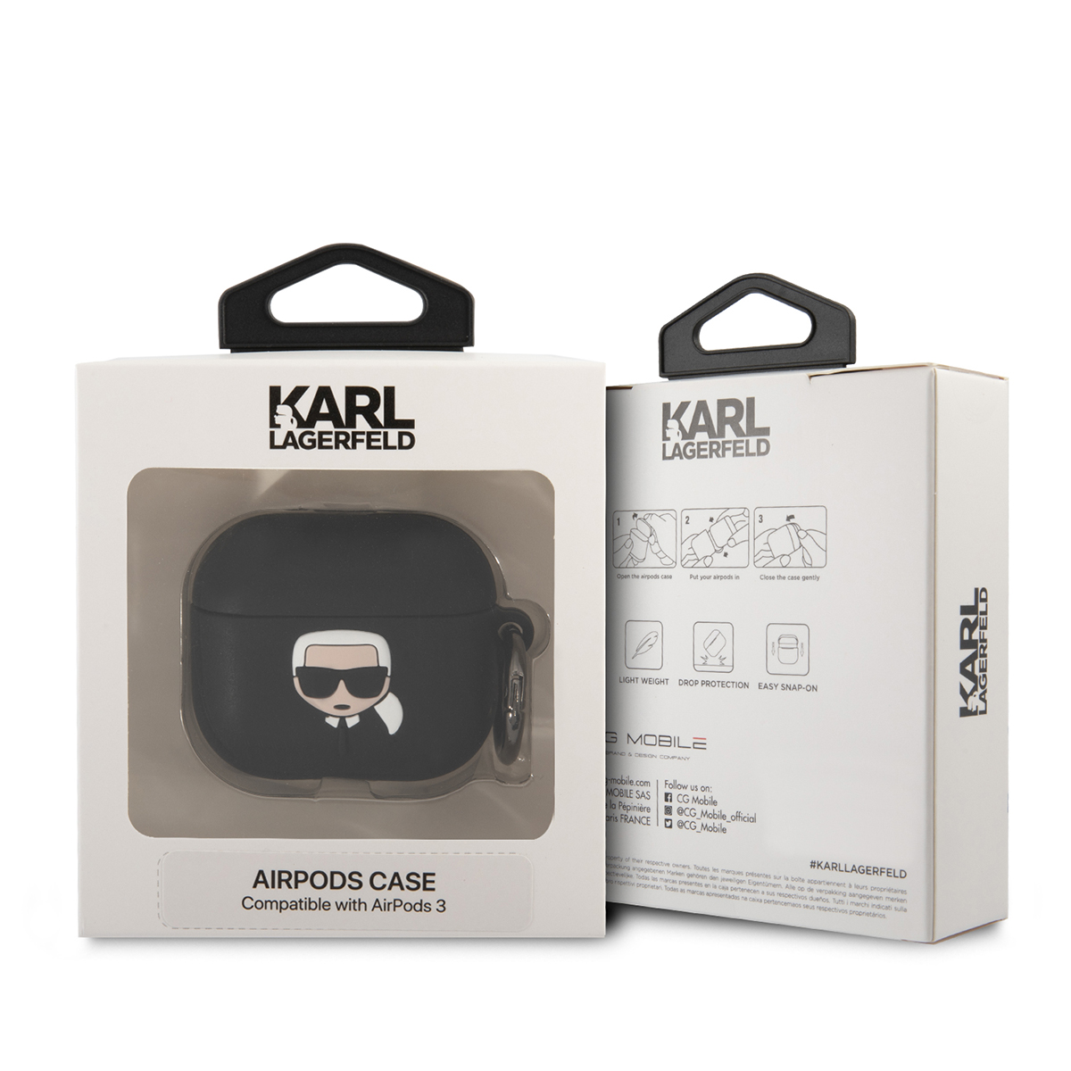 Funda Karl Lagerfeld para AirPods con gráfico Karl Lagerfeld, negra.