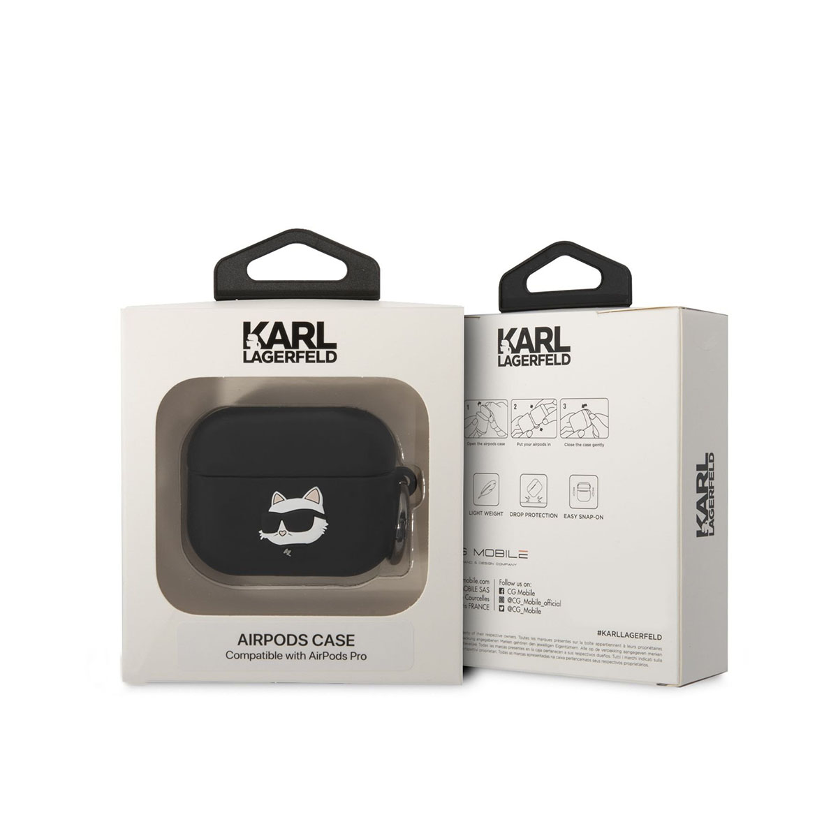 Funda Karl Lagerfeld negra para AirPods Pro con diseño de gato.