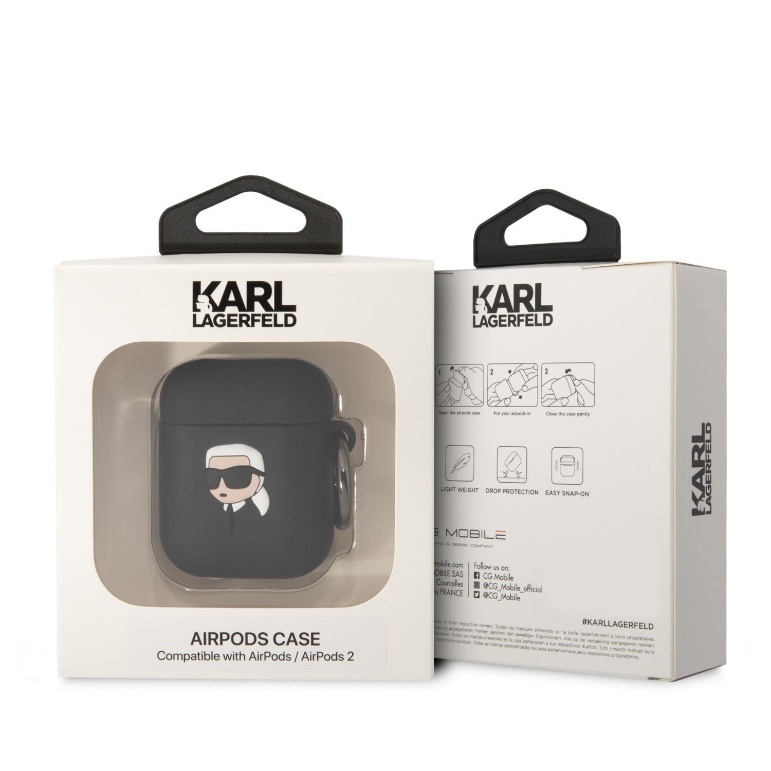 Custodia Karl Lagerfeld AirPods con figura di Karl su scatola bianca.