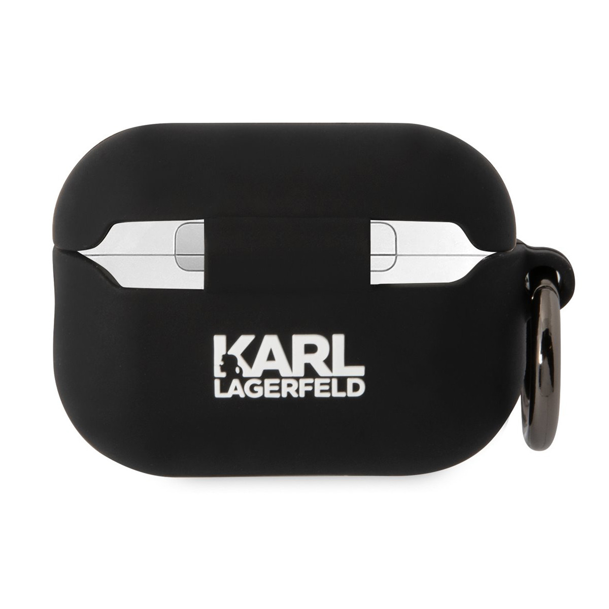 Funda negra para auriculares Karl Lagerfeld con acentos plateados y llavero.