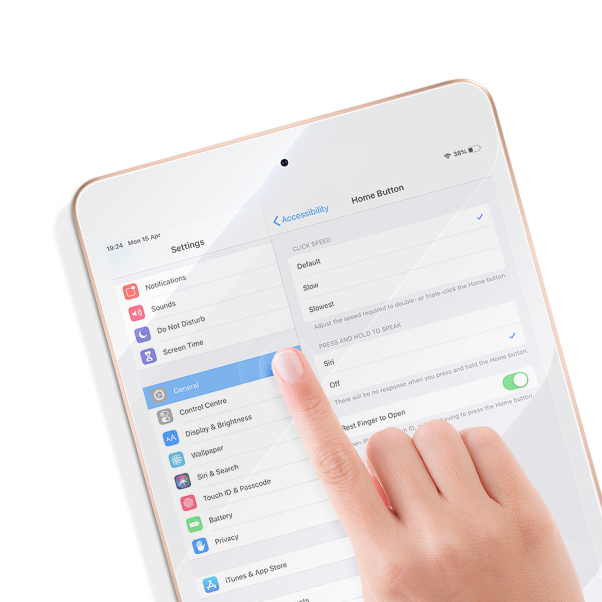 Un dito tocca "Generali" sullo schermo di un iPad nelle Impostazioni.