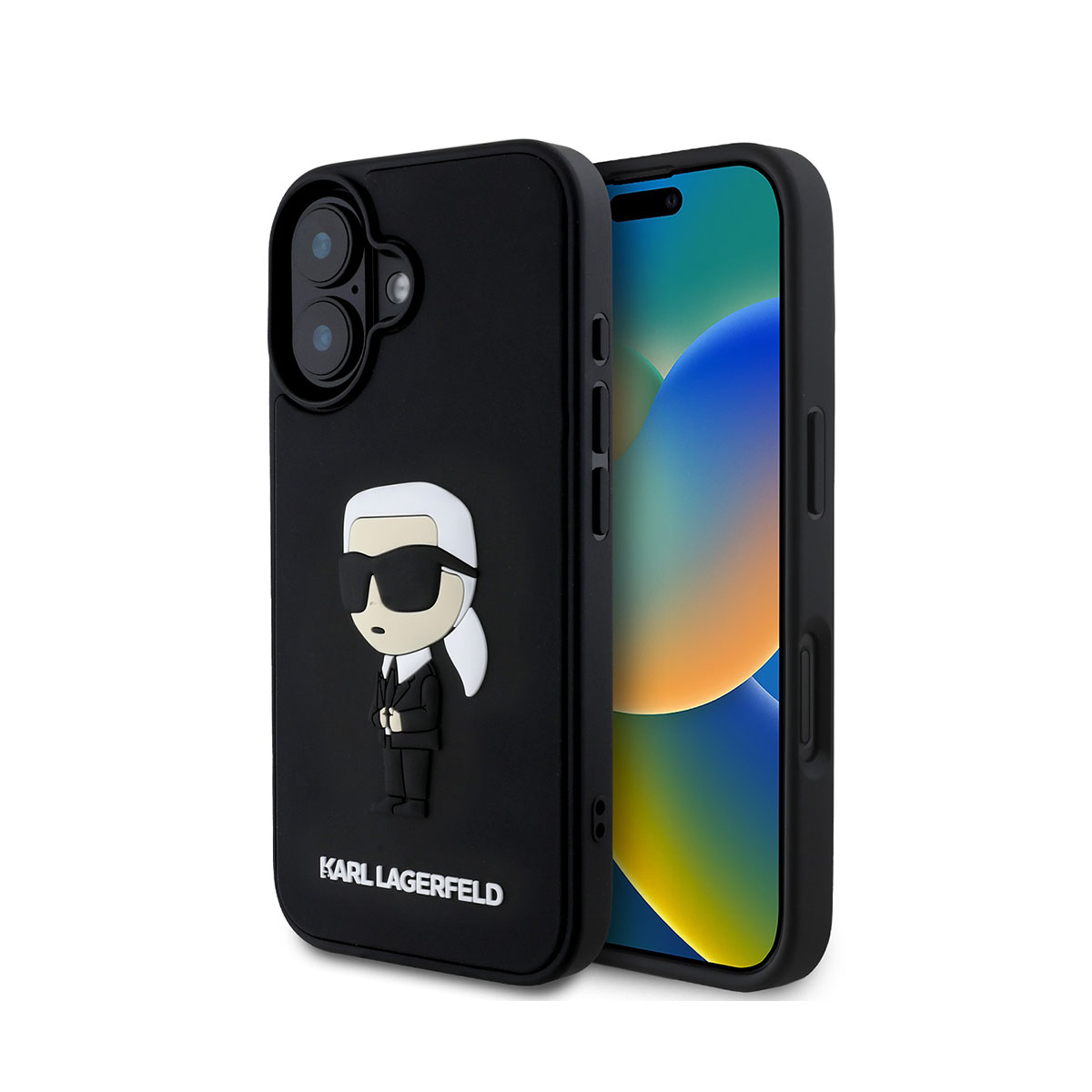 Custodia nera per iPhone con figura e logo Karl Lagerfeld.