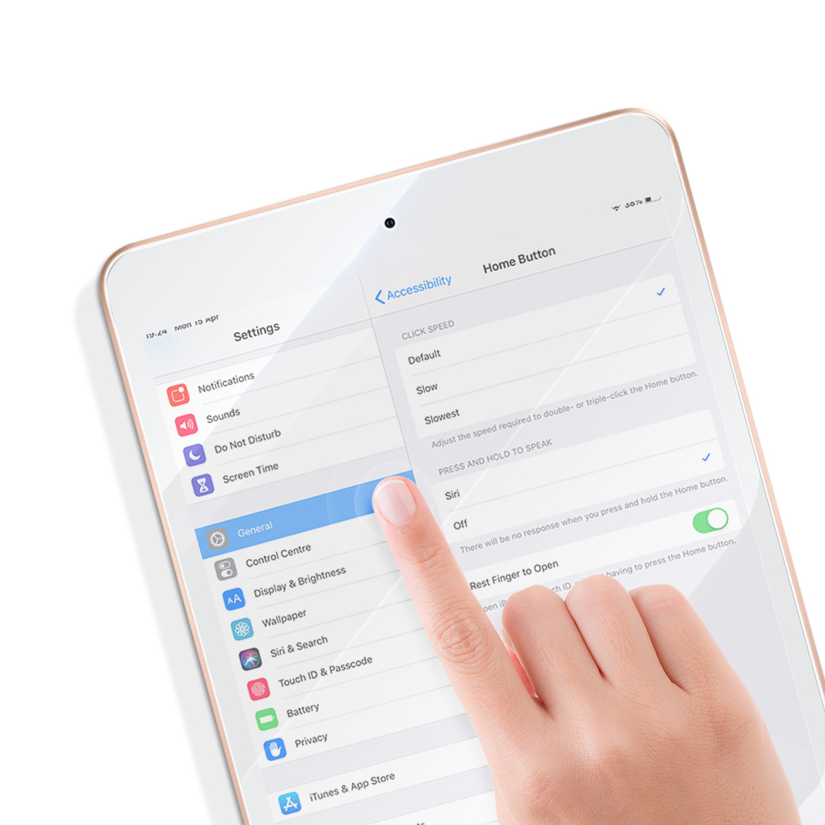 Een vinger tikt op 'Algemeen' in het instellingenmenu van een tablet.
