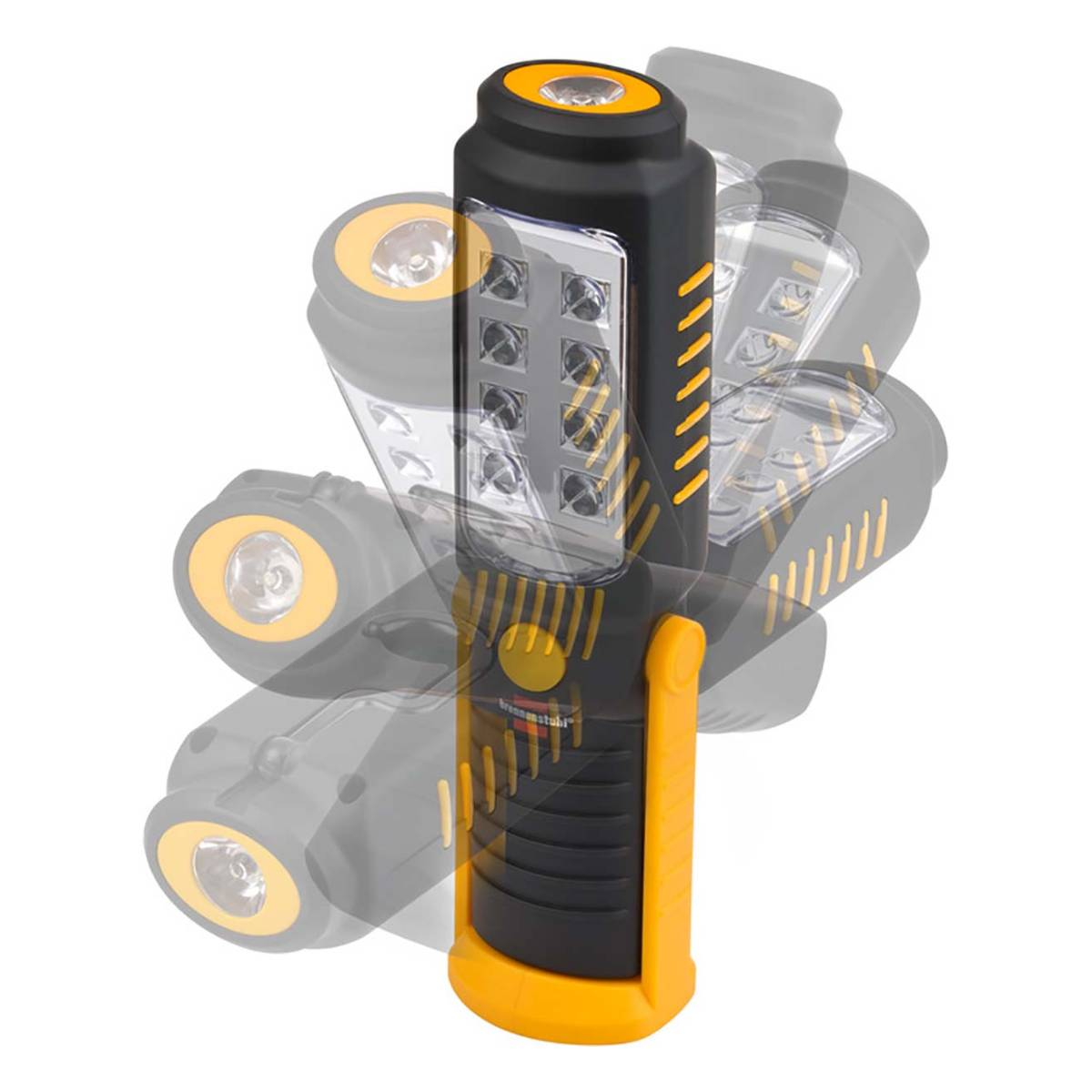 Lampada da lavoro nera e gialla con LED multipli e supporto rotante.