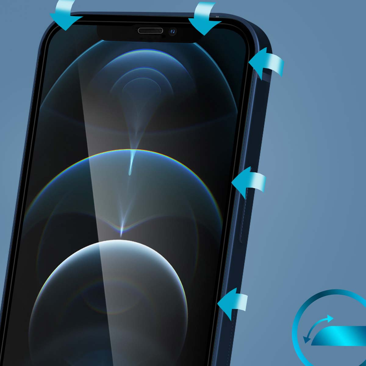 Donkerblauwe smartphone met blauwe pijlen die naar het scherm wijzen.