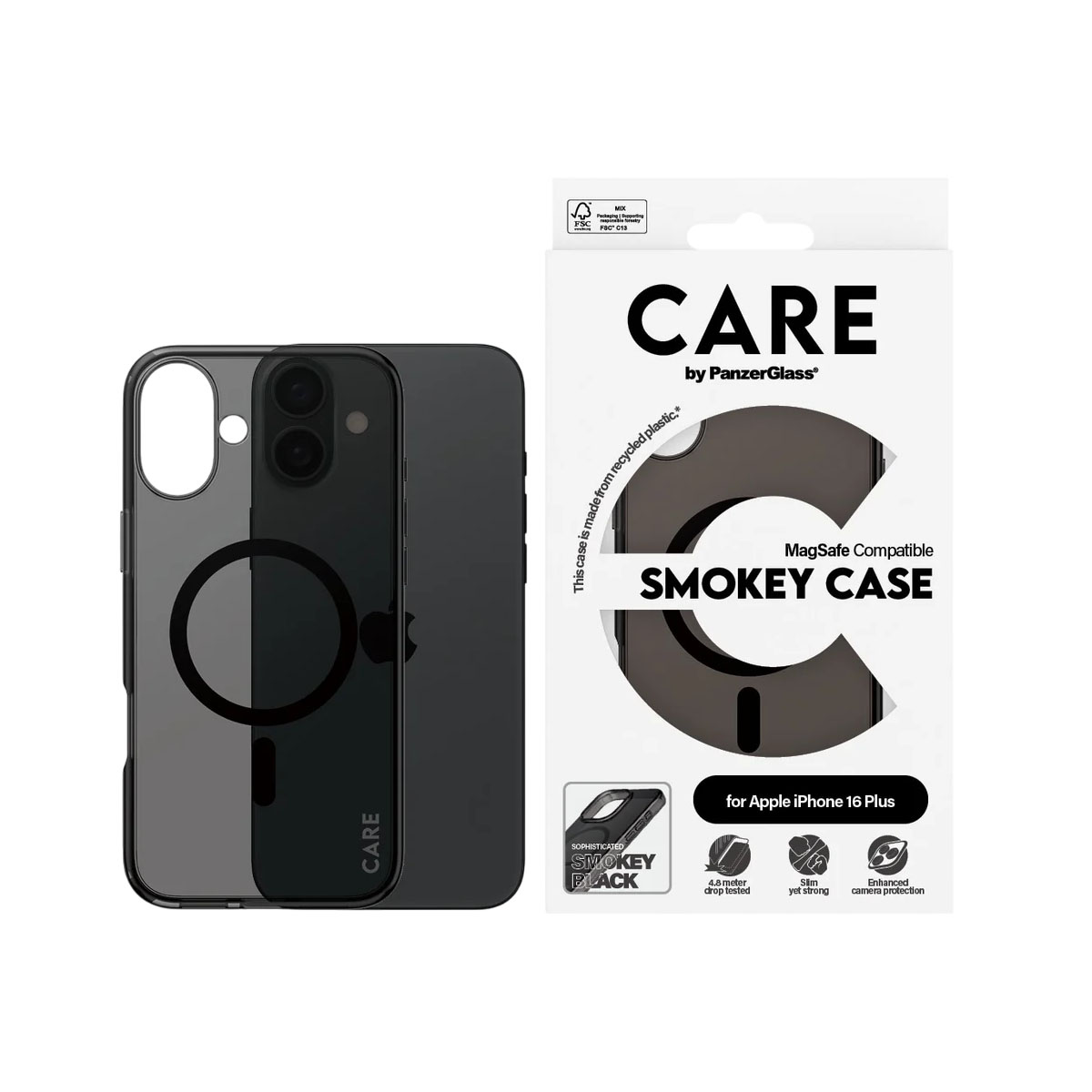 Custodia nera MagSafe compatibile per iPhone 16 Plus mostrata con confezione.