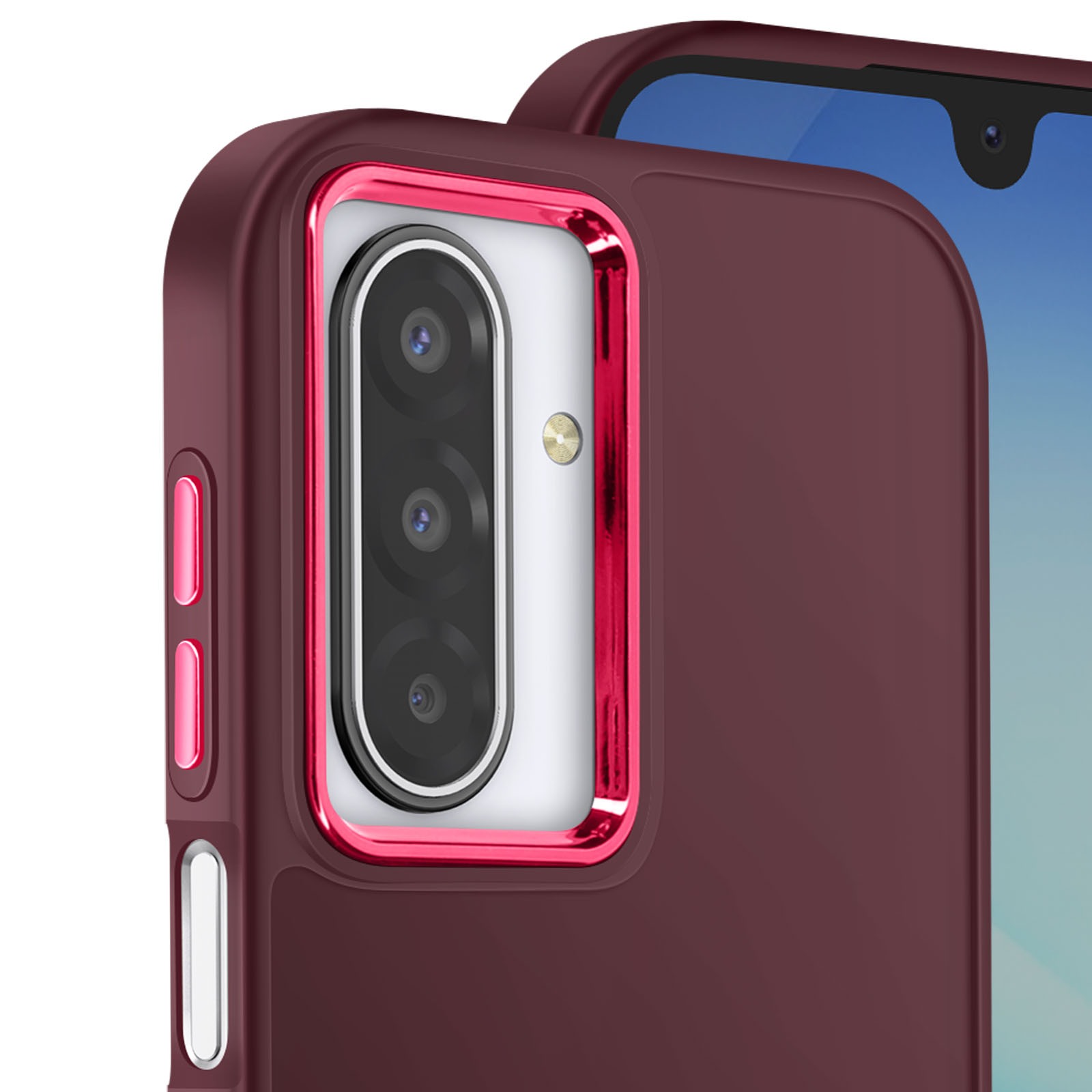 Custodia rossa scura per telefono con ritaglio fotocamera e accenti rossi.
