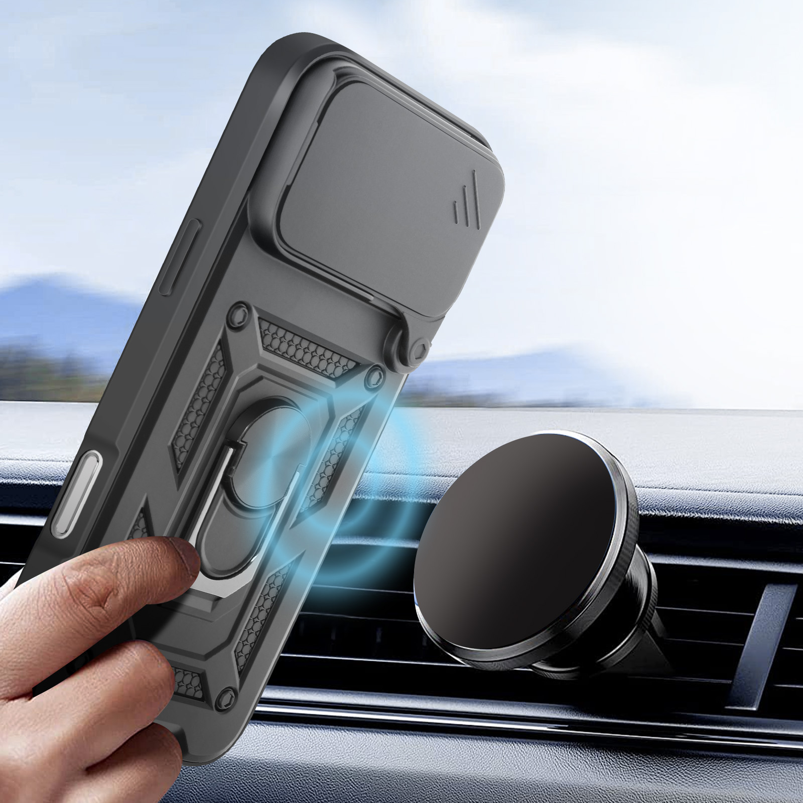 Custodia nera per telefono con anello accanto a un supporto magnetico per auto.