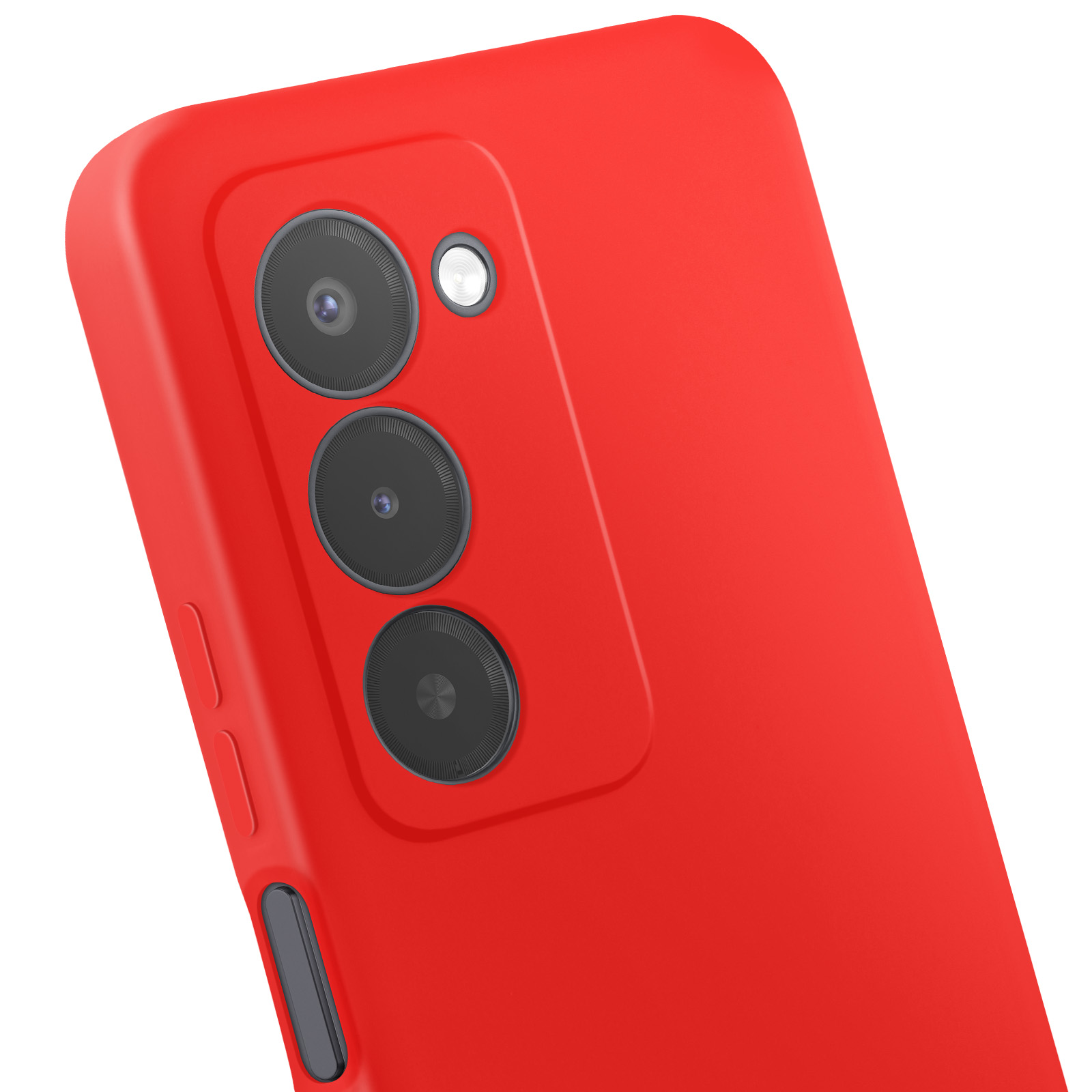 Coque de téléphone rouge avec trois caméras et un flash. Gros plan.
