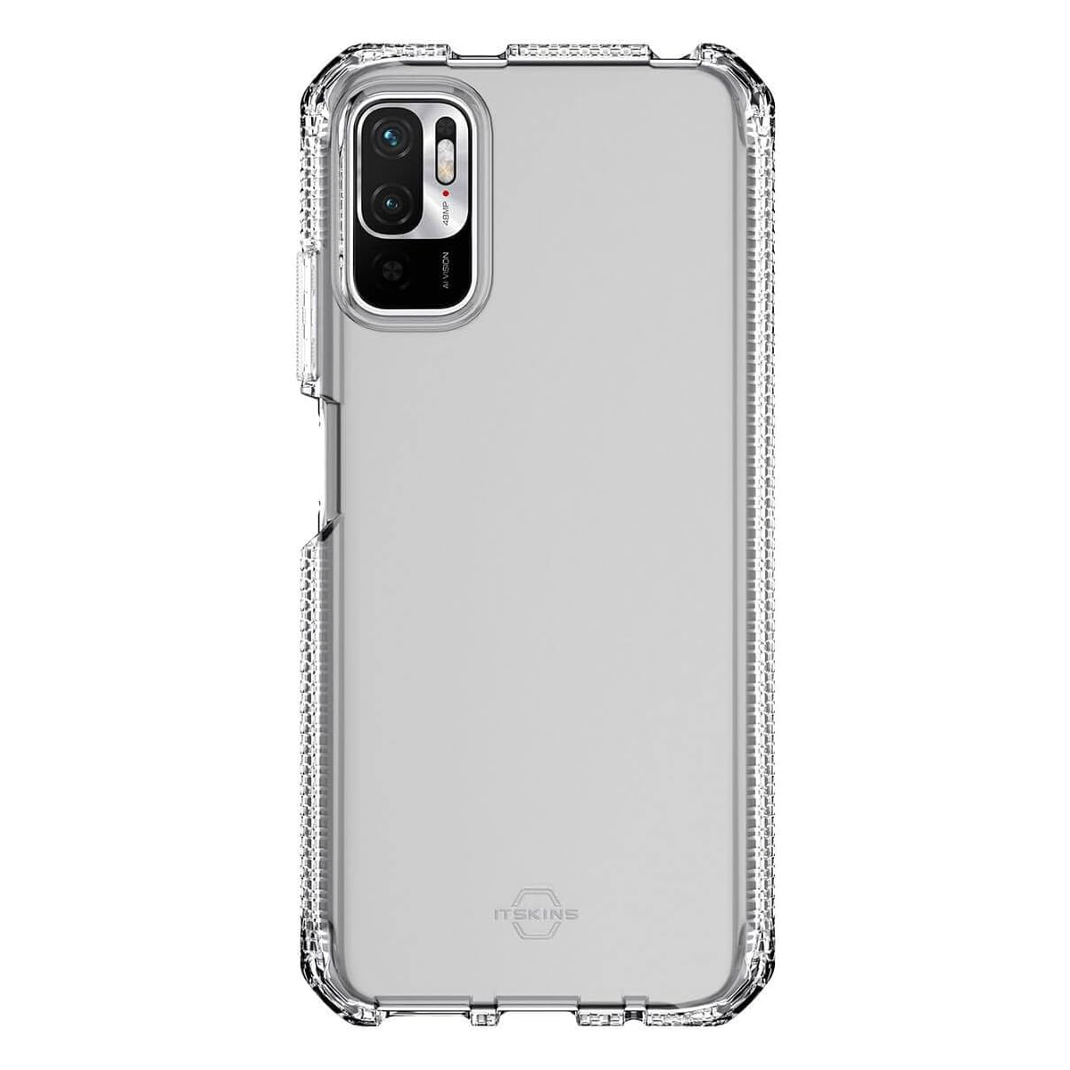Funda transparente para teléfono con esquinas reforzadas y módulo de cámara.