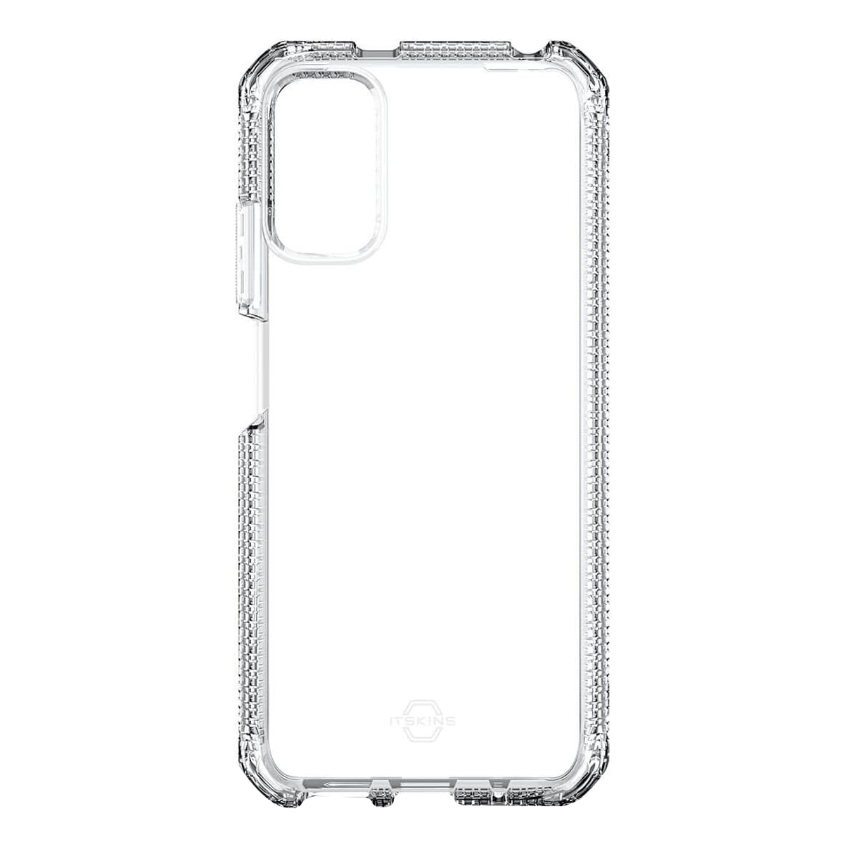 Funda transparente para teléfono con esquinas reforzadas y laterales texturizados.