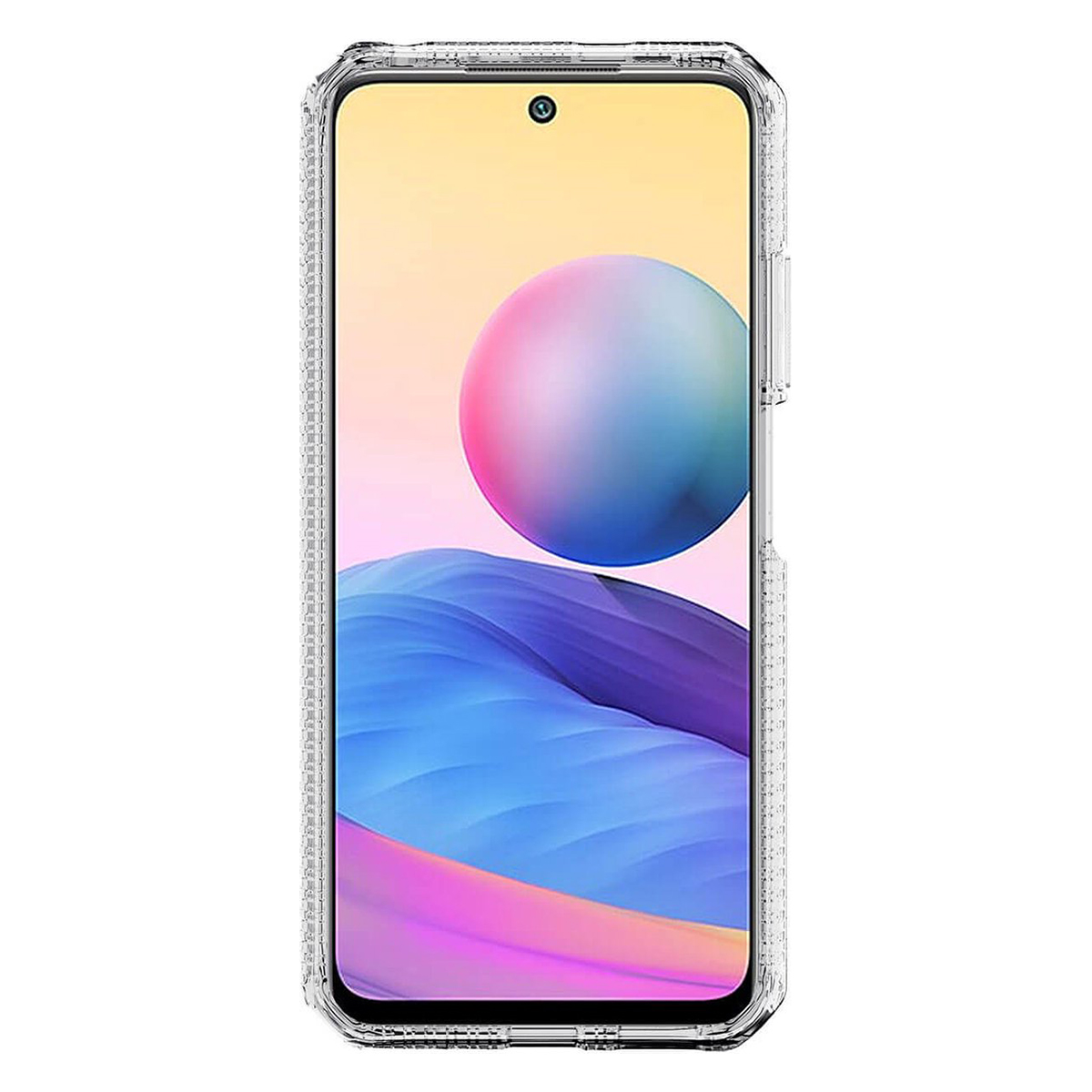 Maqueta de funda transparente para teléfono con un smartphone mostrando una pantalla colorida.