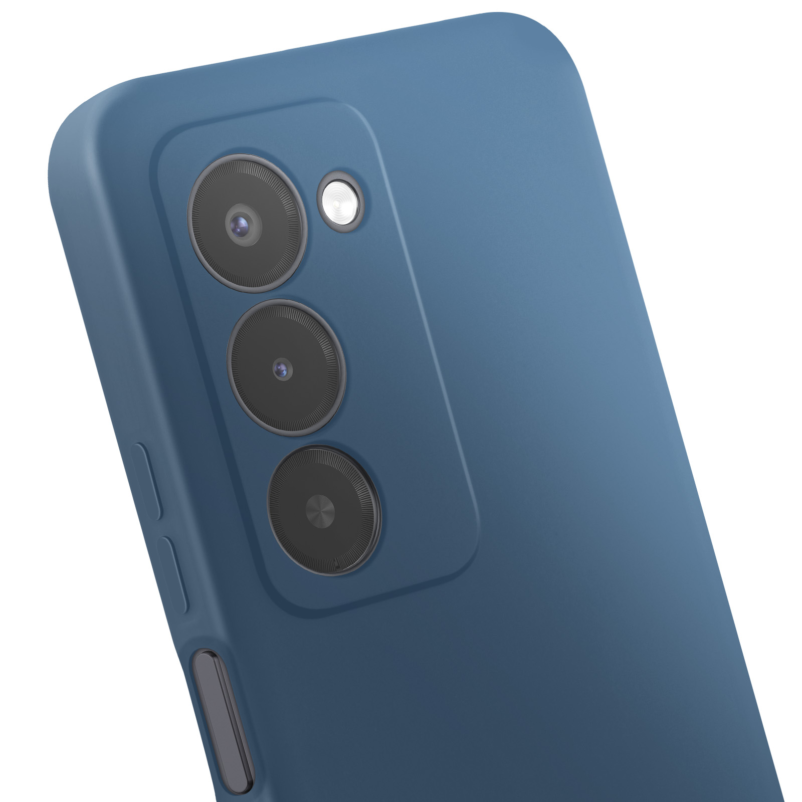 Coque de téléphone bleue avec trois objectifs et un flash.
