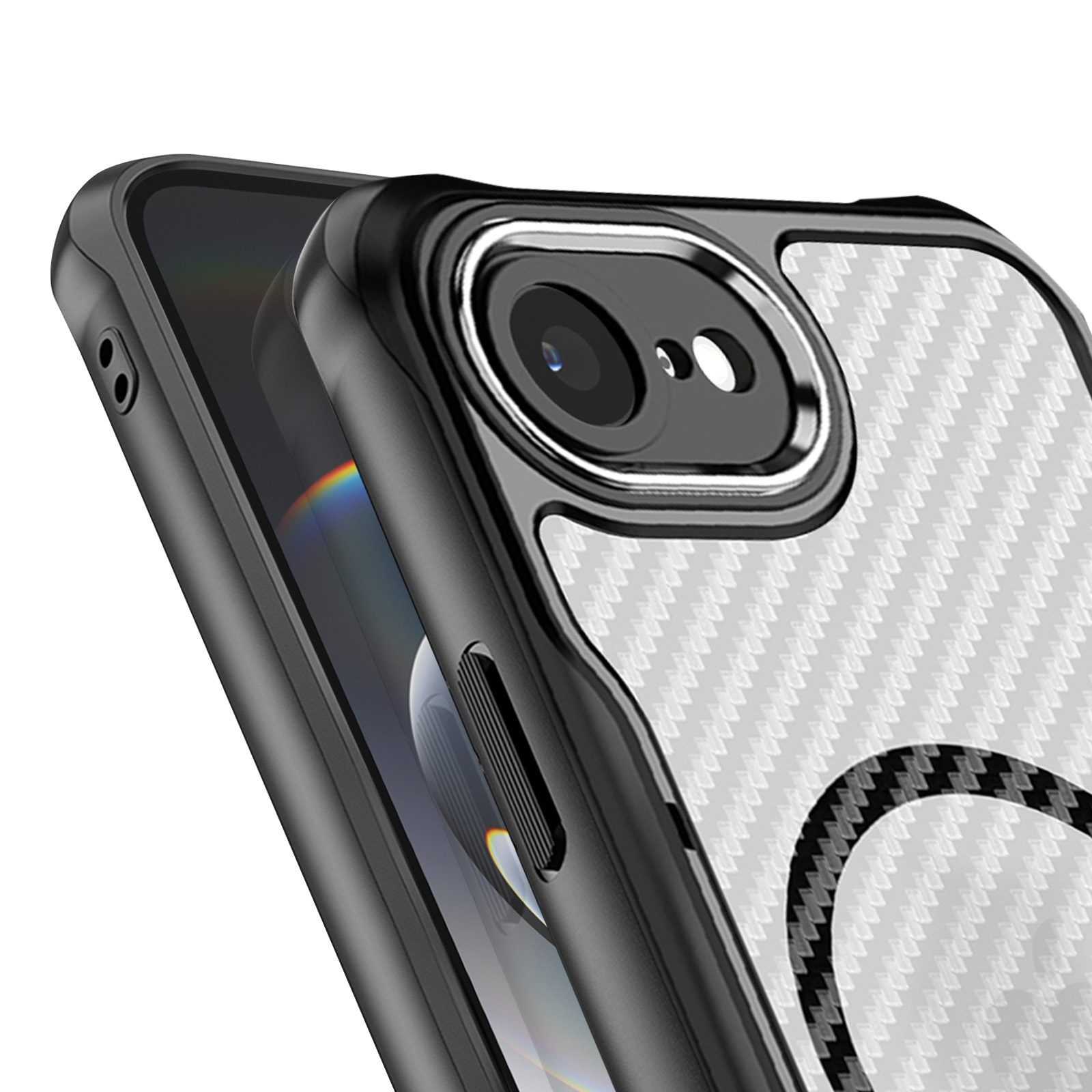 Custodia nera per telefono con motivo carbonio bianco e lente.