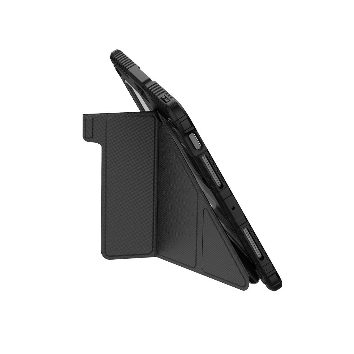Tablet nero in custodia nera, appoggiato dalla sua copertina.