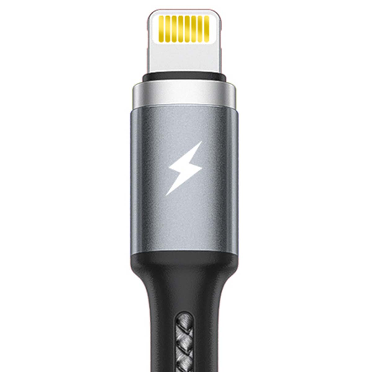 Un connecteur de charge argenté avec symbole éclair et câble noir.