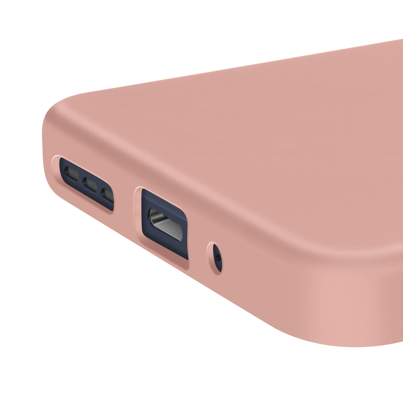 Gros plan d'une coque de téléphone rose montrant des découpes pour les ports et les haut-parleurs.