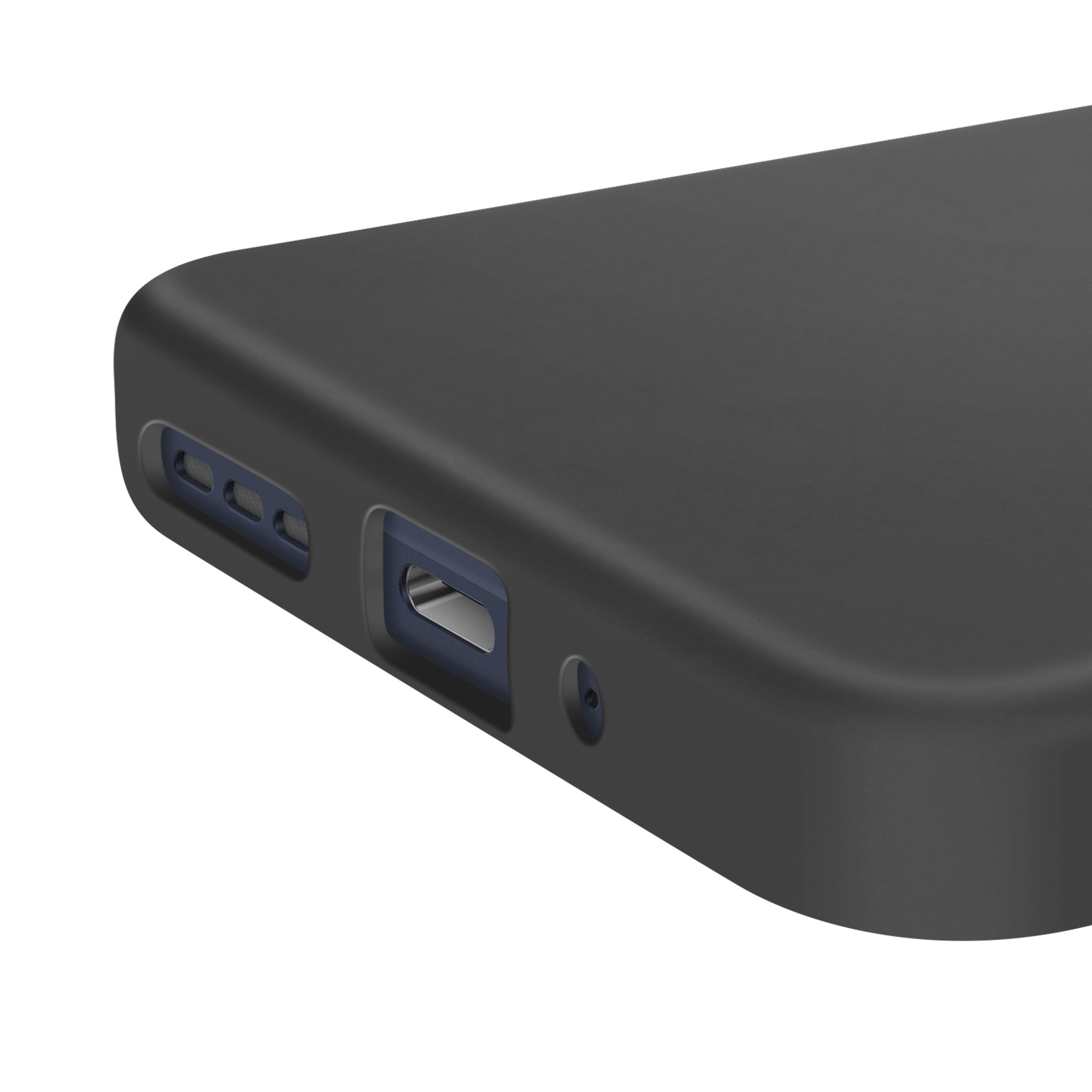 Gros plan d'une coque de téléphone gris foncé avec découpes.