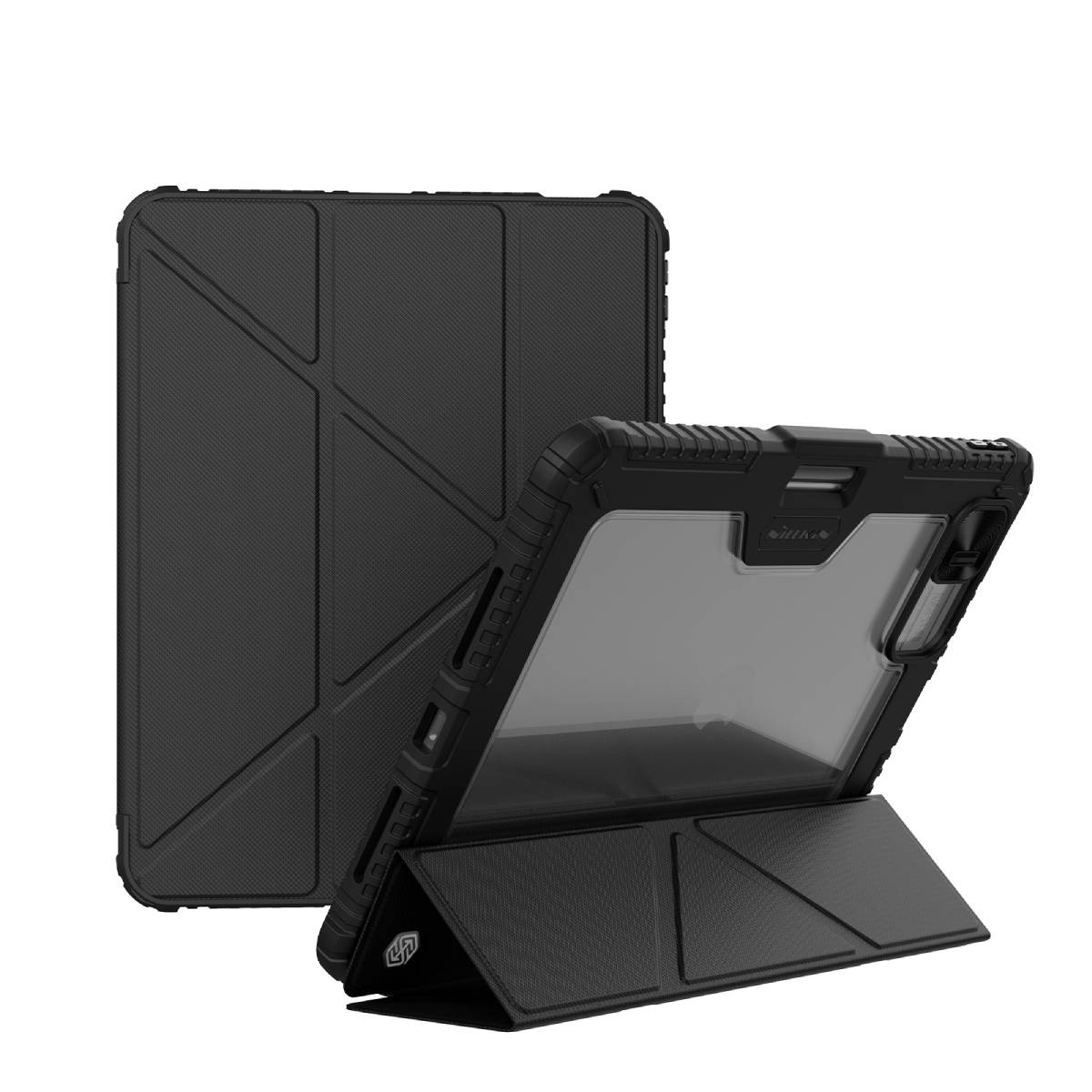 Custodia nera per tablet con supporto integrato e retro trasparente.
