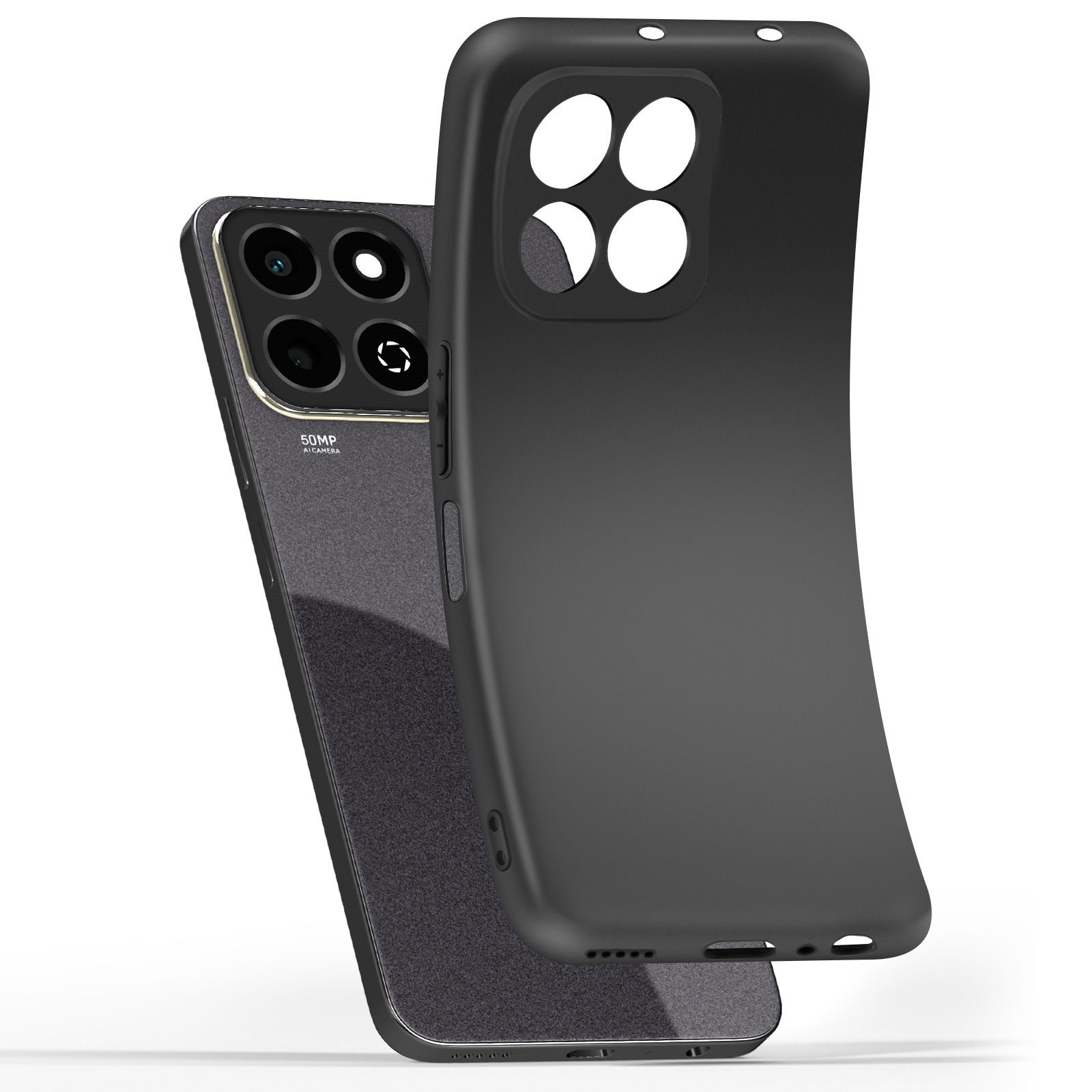 Dwa czarne etui na telefon, jedno za drugim, białe tło.