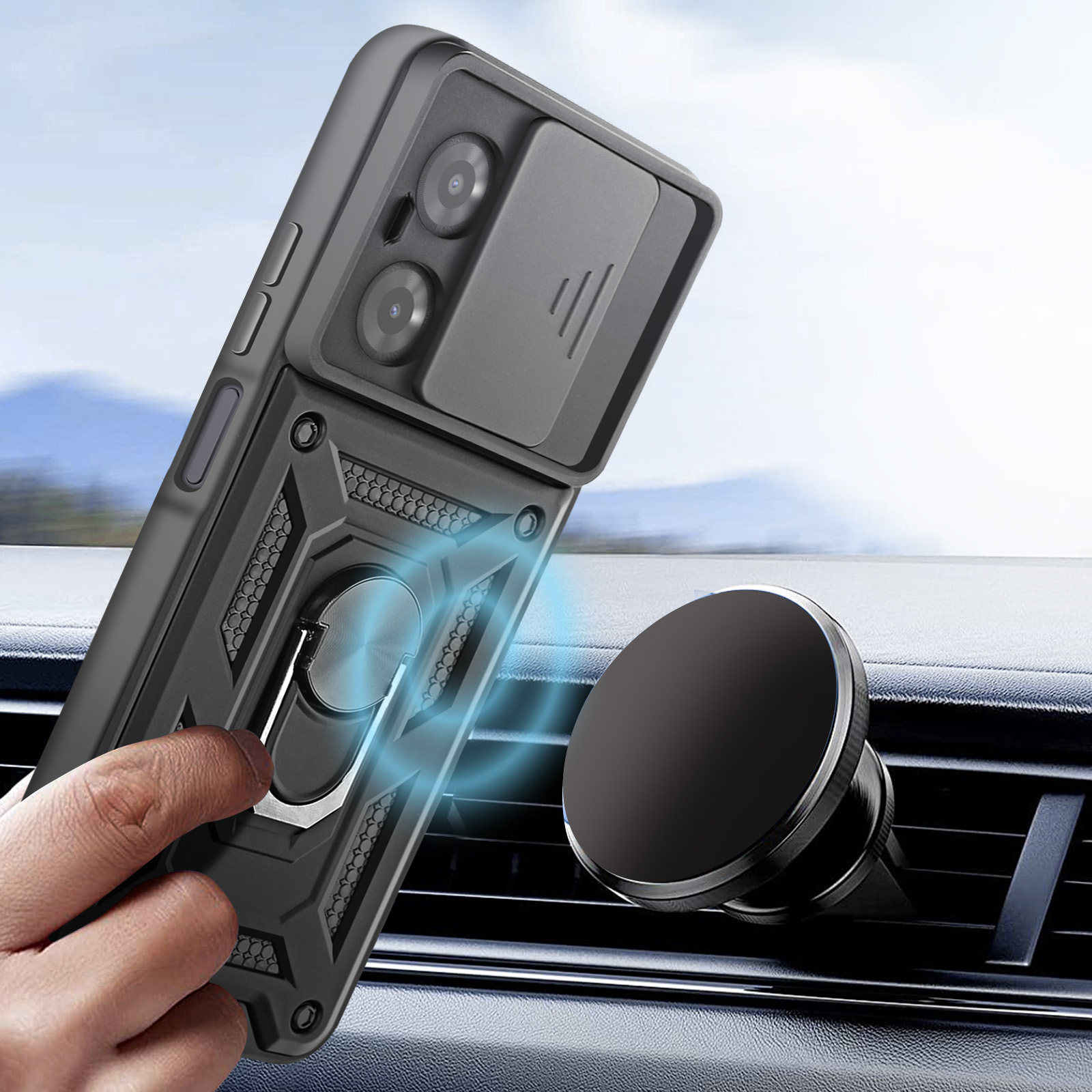 Custodia nera per telefono con anello e copri fotocamera, supporto auto magnetico.