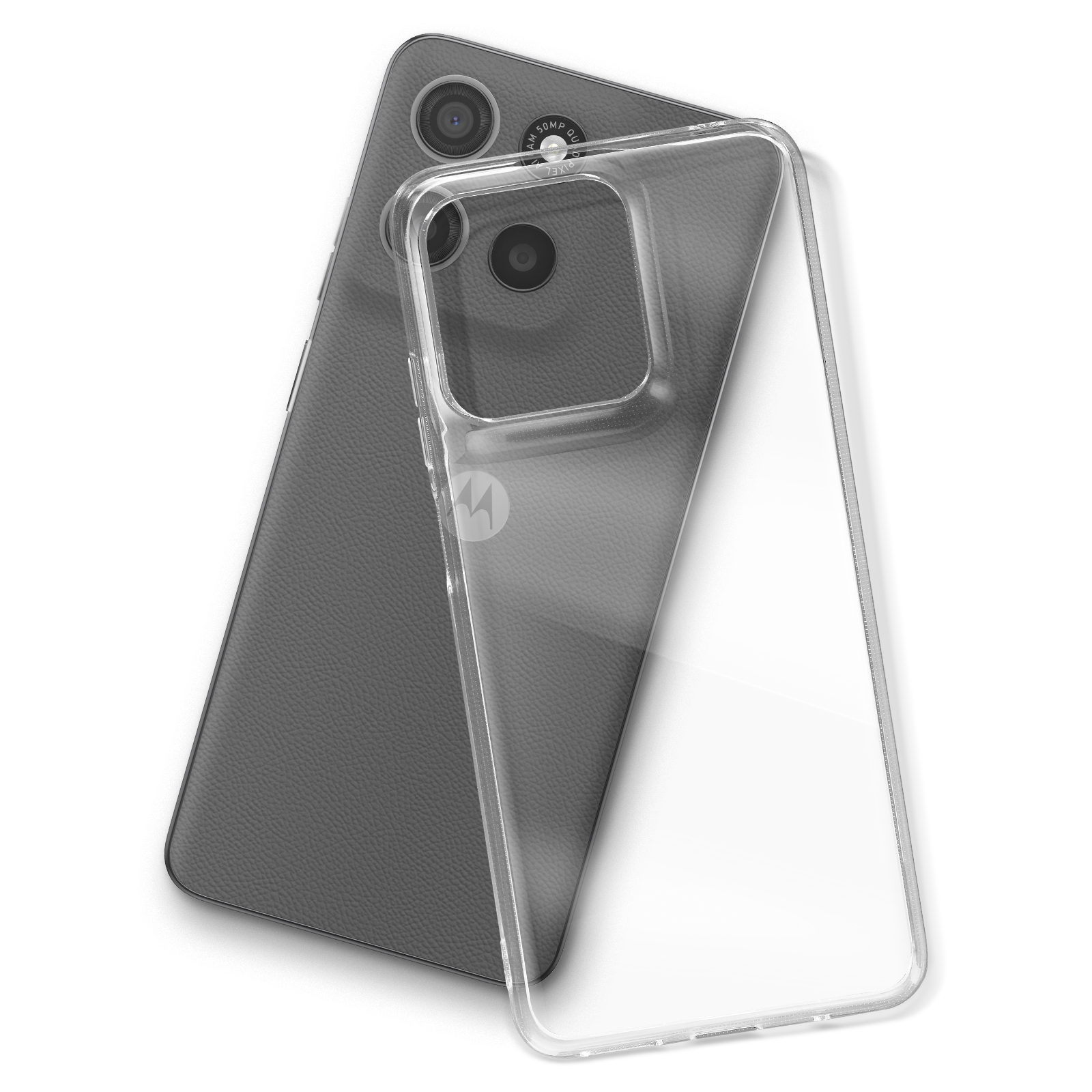 Un smartphone sombre avec un étui transparent, vue rapprochée.