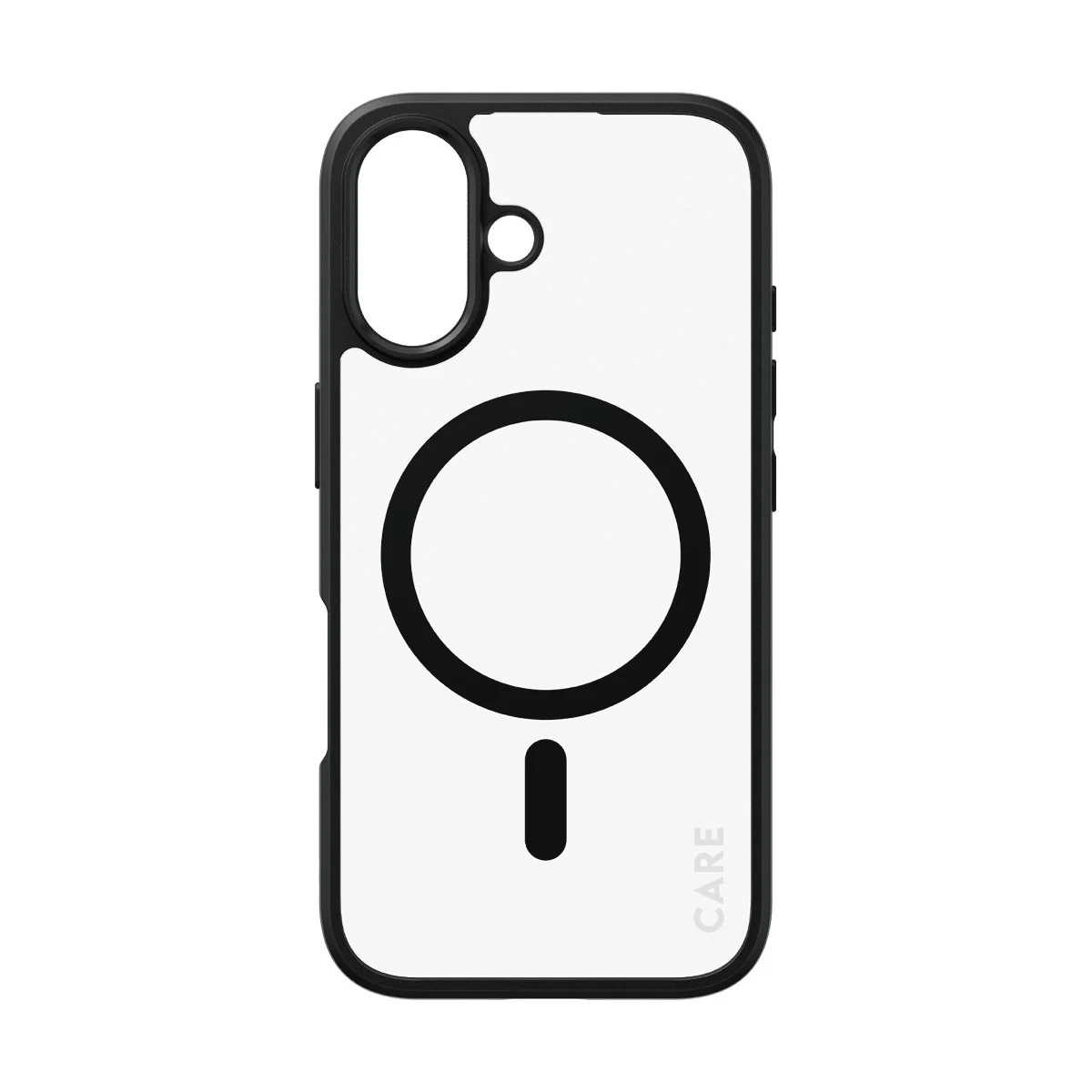 Custodia trasparente per telefono con bordo nero e cerchio MagSafe su sfondo bianco.