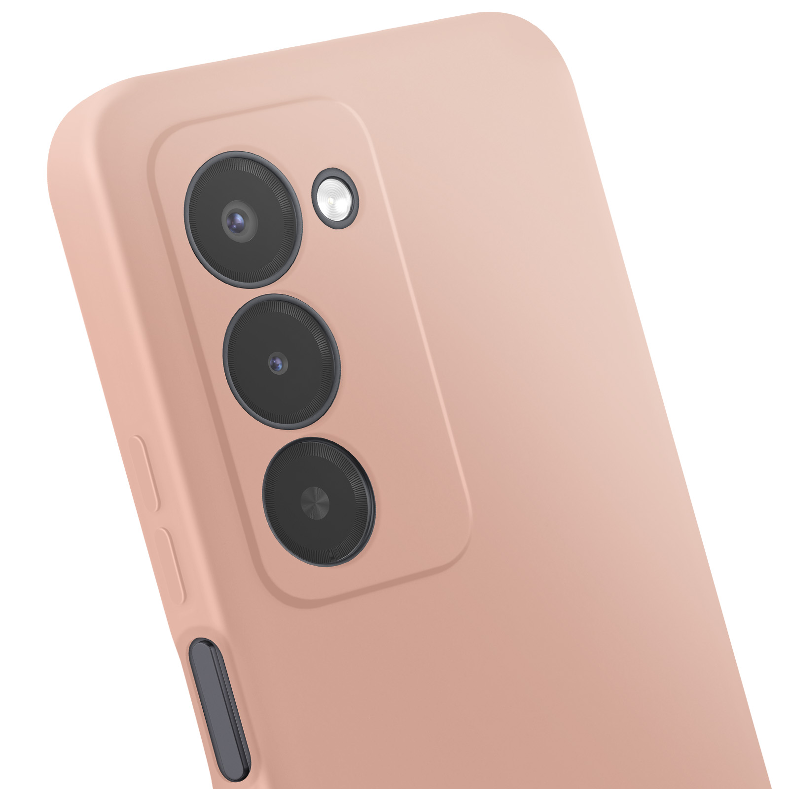 Arrière d'un smartphone rose avec trois objectifs et un flash.