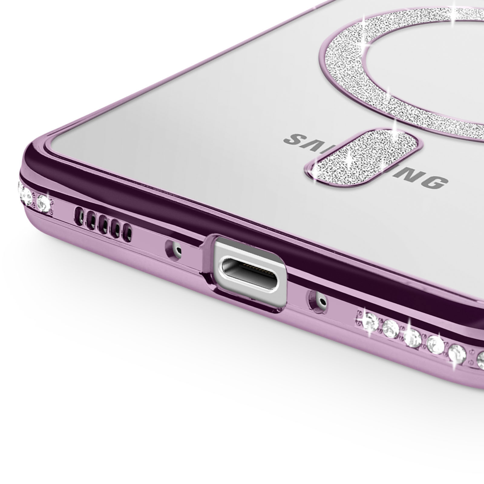 Coque de téléphone violette avec cristaux et port de charge.