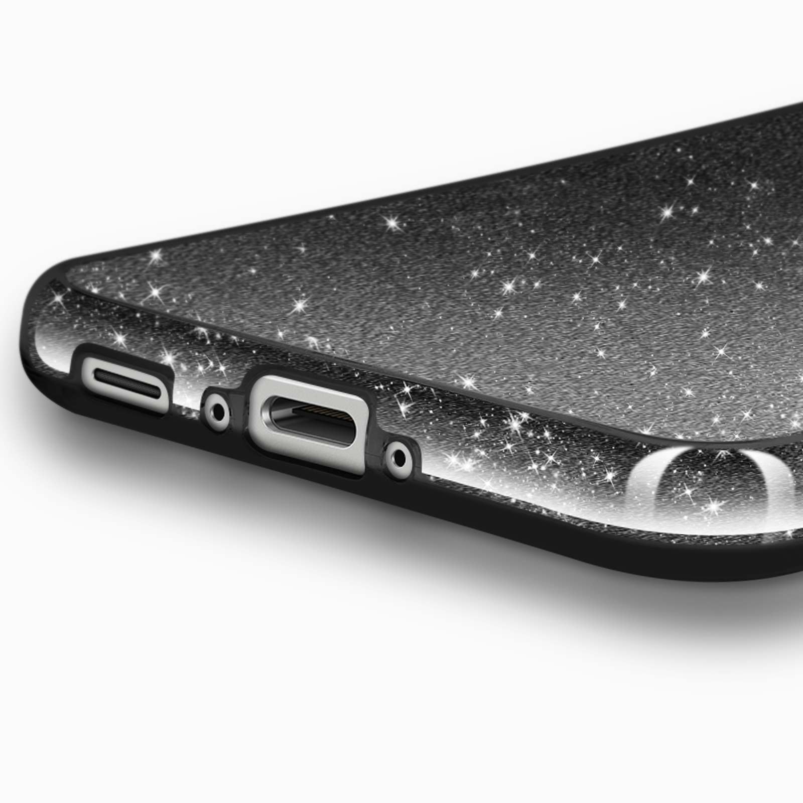 Coque de téléphone noire avec étoiles scintillantes et port de charge.