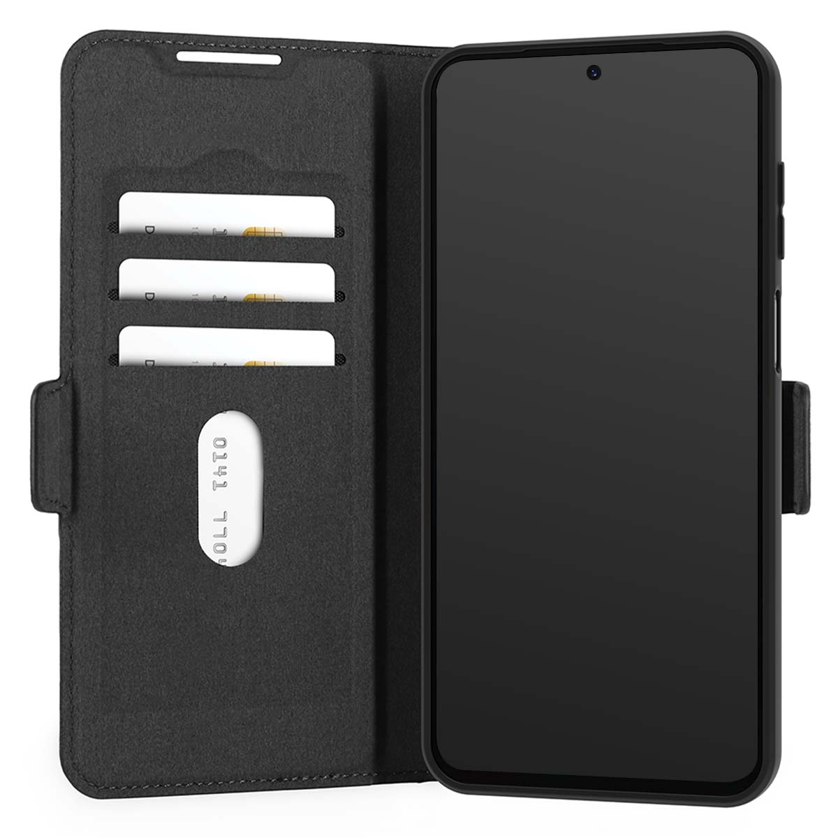 Teléfono inteligente negro en funda tipo billetera con tres ranuras para tarjetas.