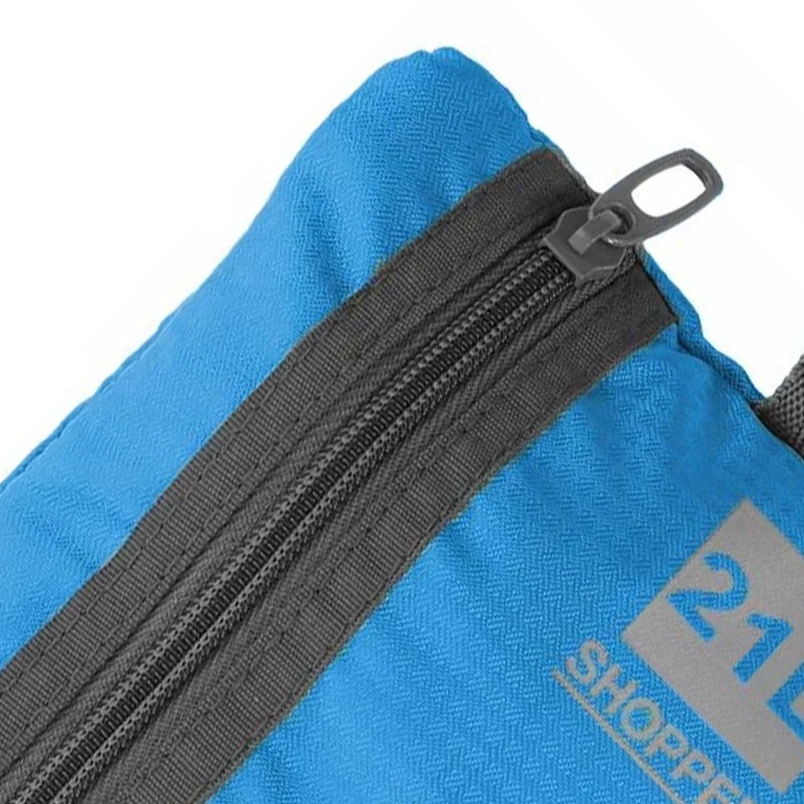 Borsa blu con cerniera e stampa.