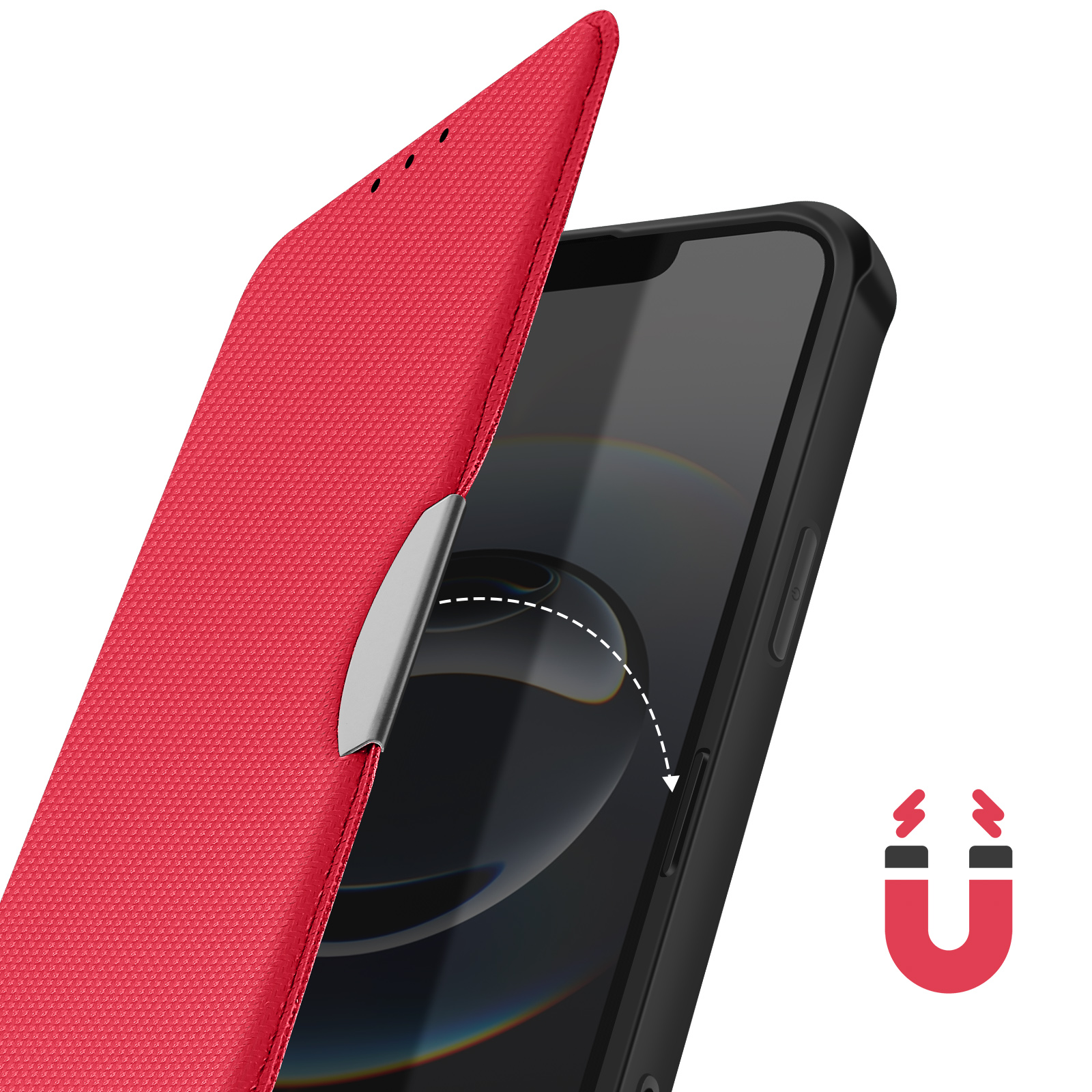 Custodia rossa per telefono si apre, smartphone nero con icona magnete.