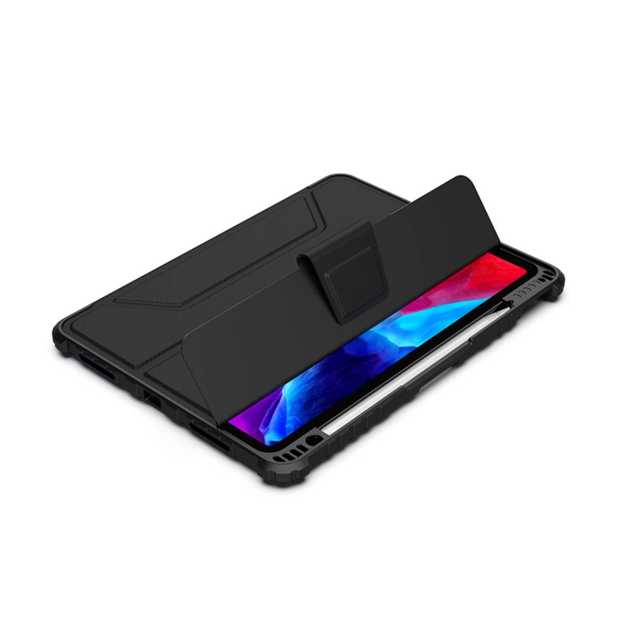 Schwarzes Tablet mit Stifthalter im geöffneten Schutzgehäuse, leuchtender Bildschirm.