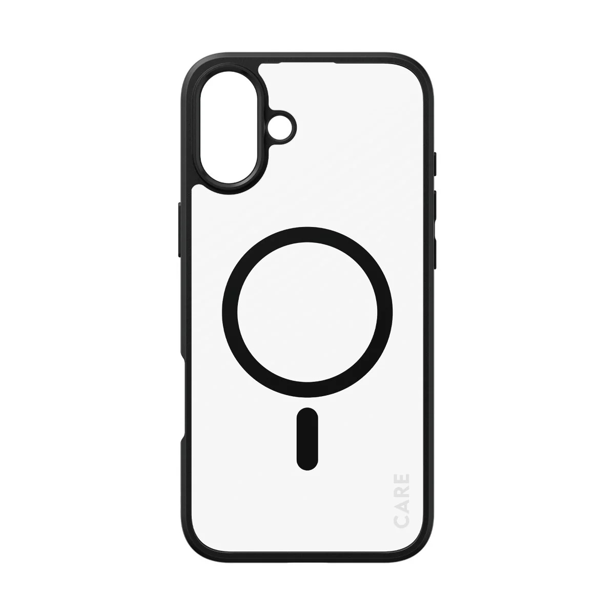 Custodia trasparente per telefono con bordo nero e anello magnetico.