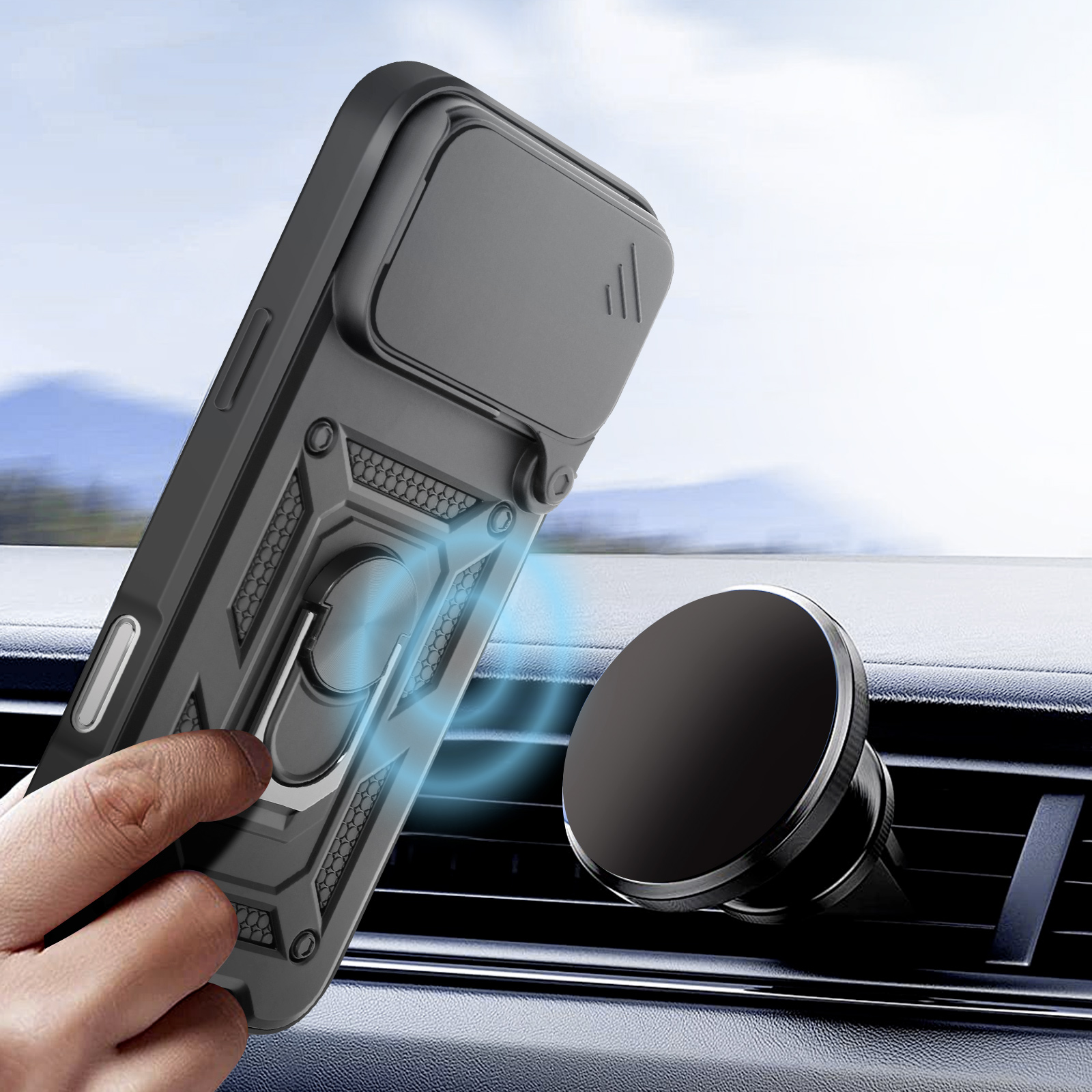 Custodia nera per telefono con anello, accanto un supporto magnetico per auto.
