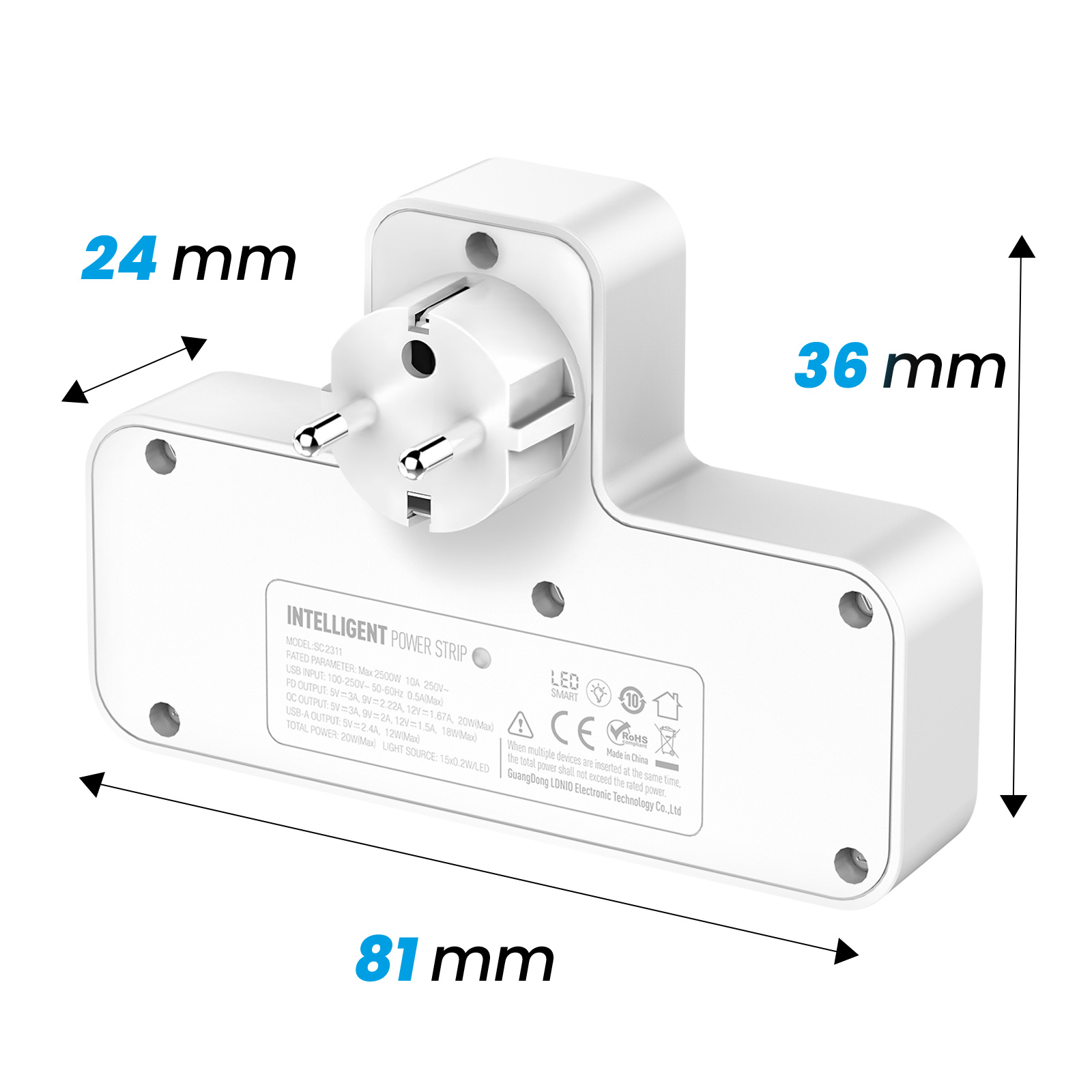 Multipresa intelligente bianca con dimensioni. 24mm, 36mm, 81mm.