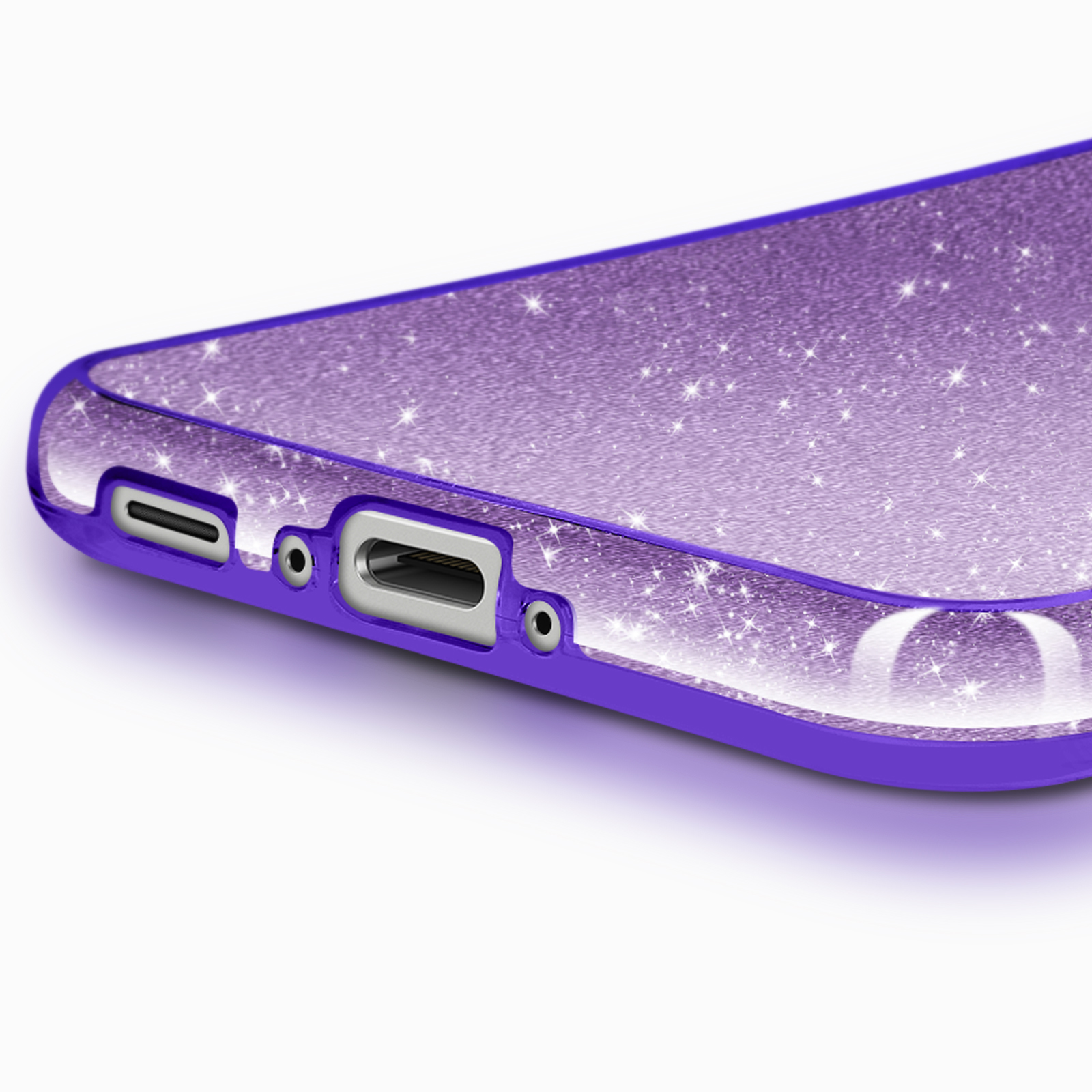 Coque de téléphone violette avec paillettes et ports visibles.